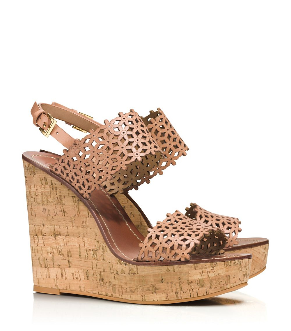 Tory Burch Floral Perforated Wedge Sandal in Natural Blush/Natural ...