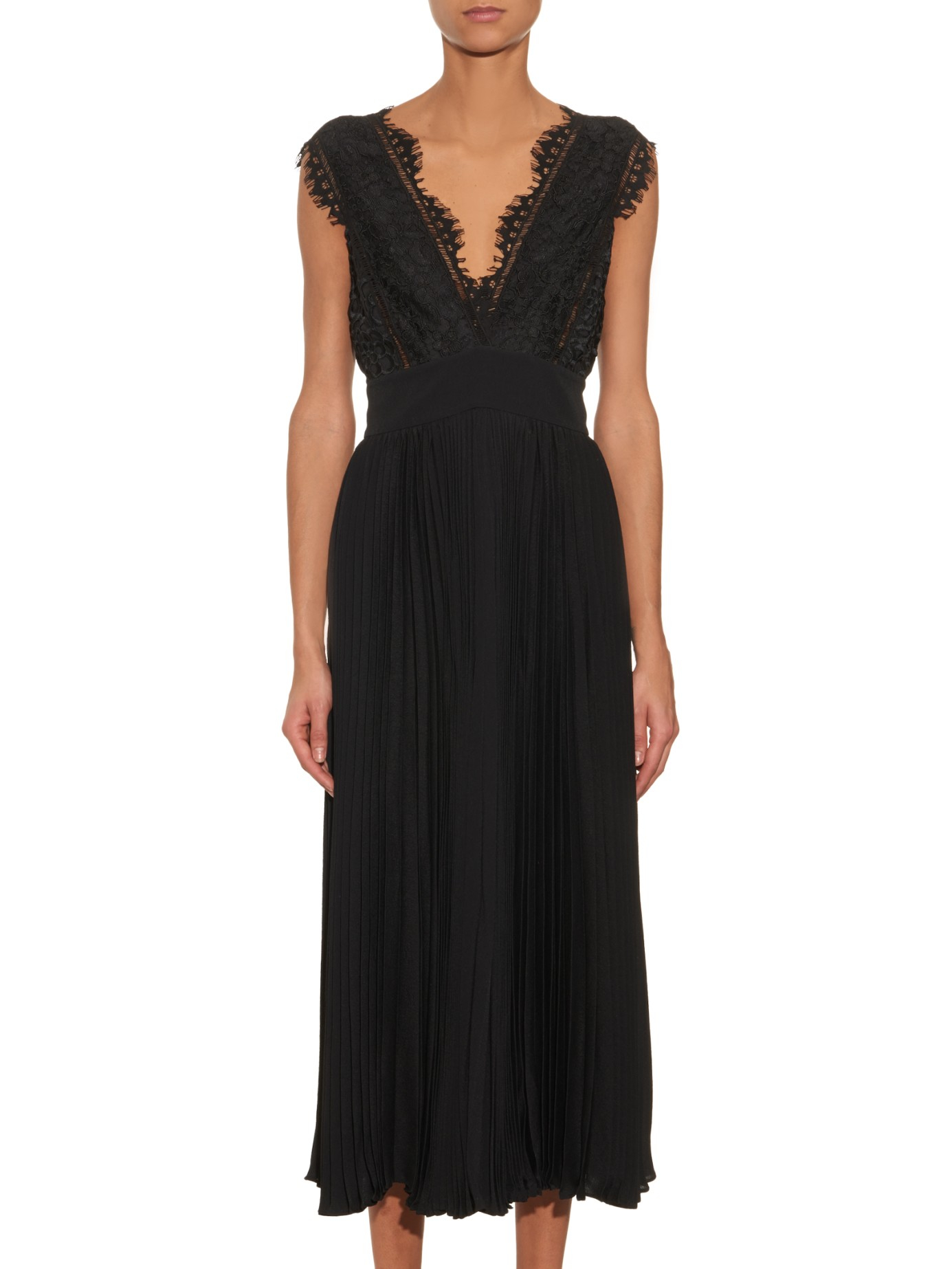 Deep V-neck Pleated Lace Dress in Black ...