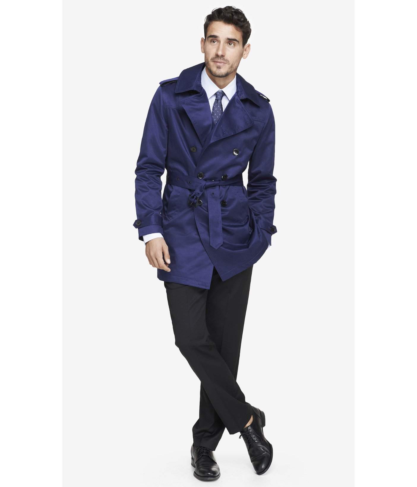 Express Navy Belted Trench Coat in Blue for Men - Lyst