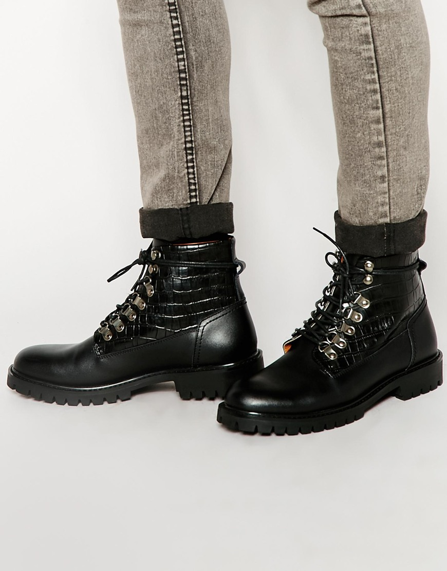 black croc lace up boots