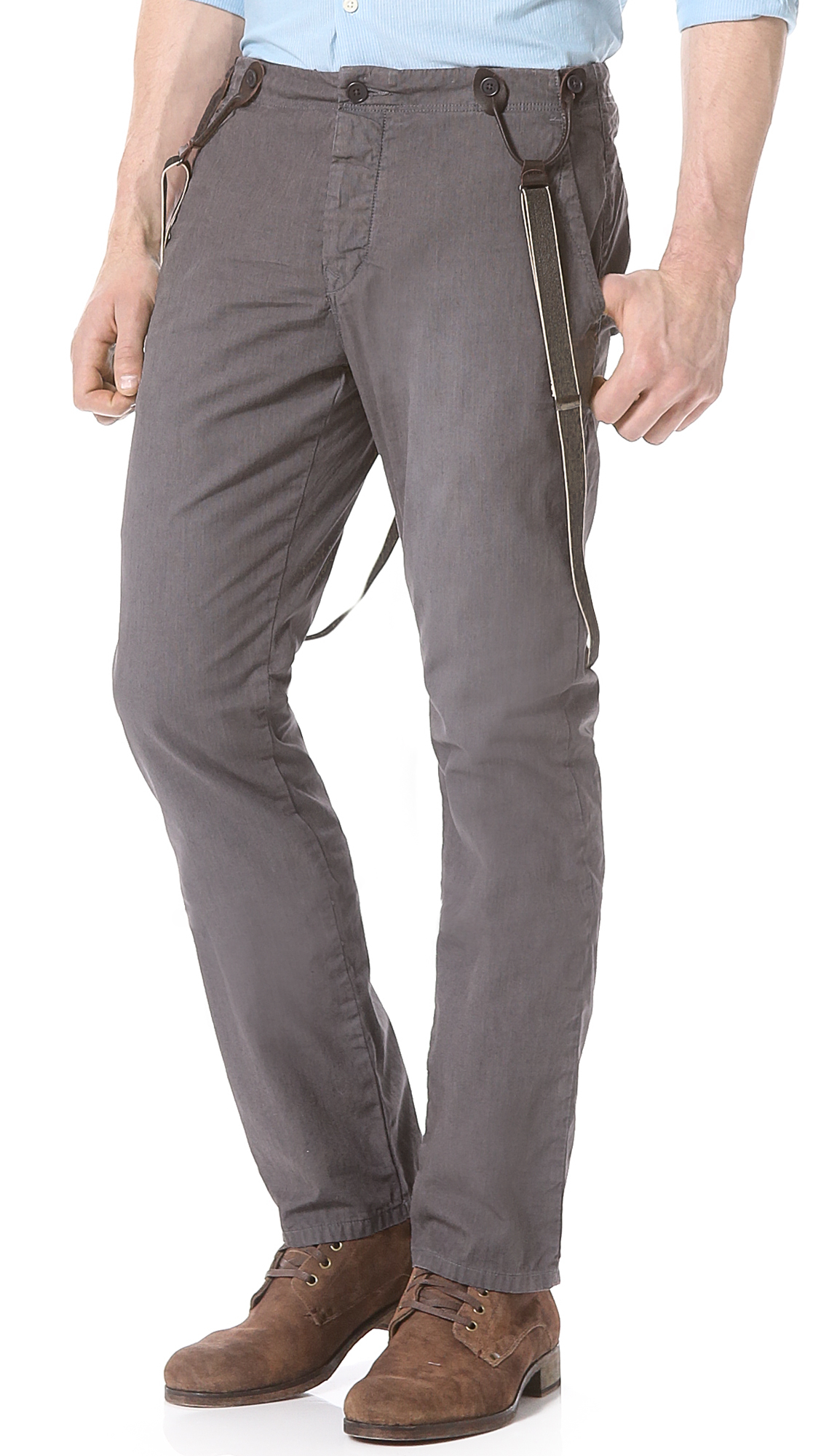 red suspender pants
