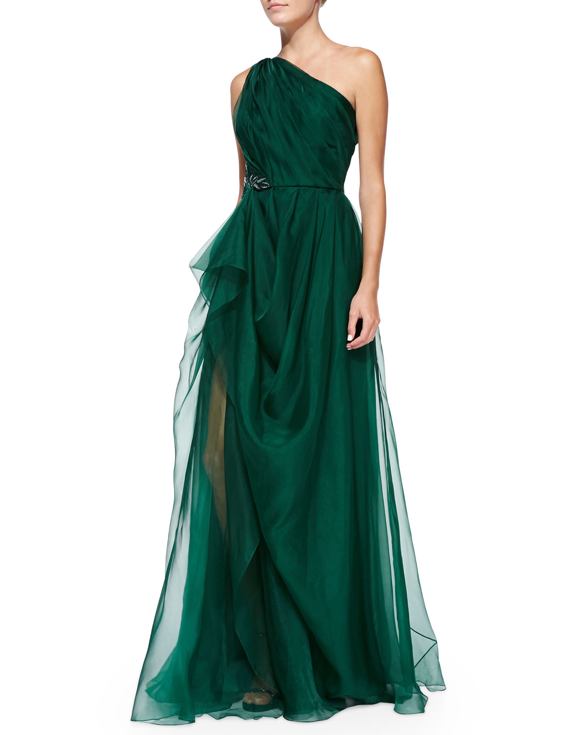 badgley mischka one shoulder gown