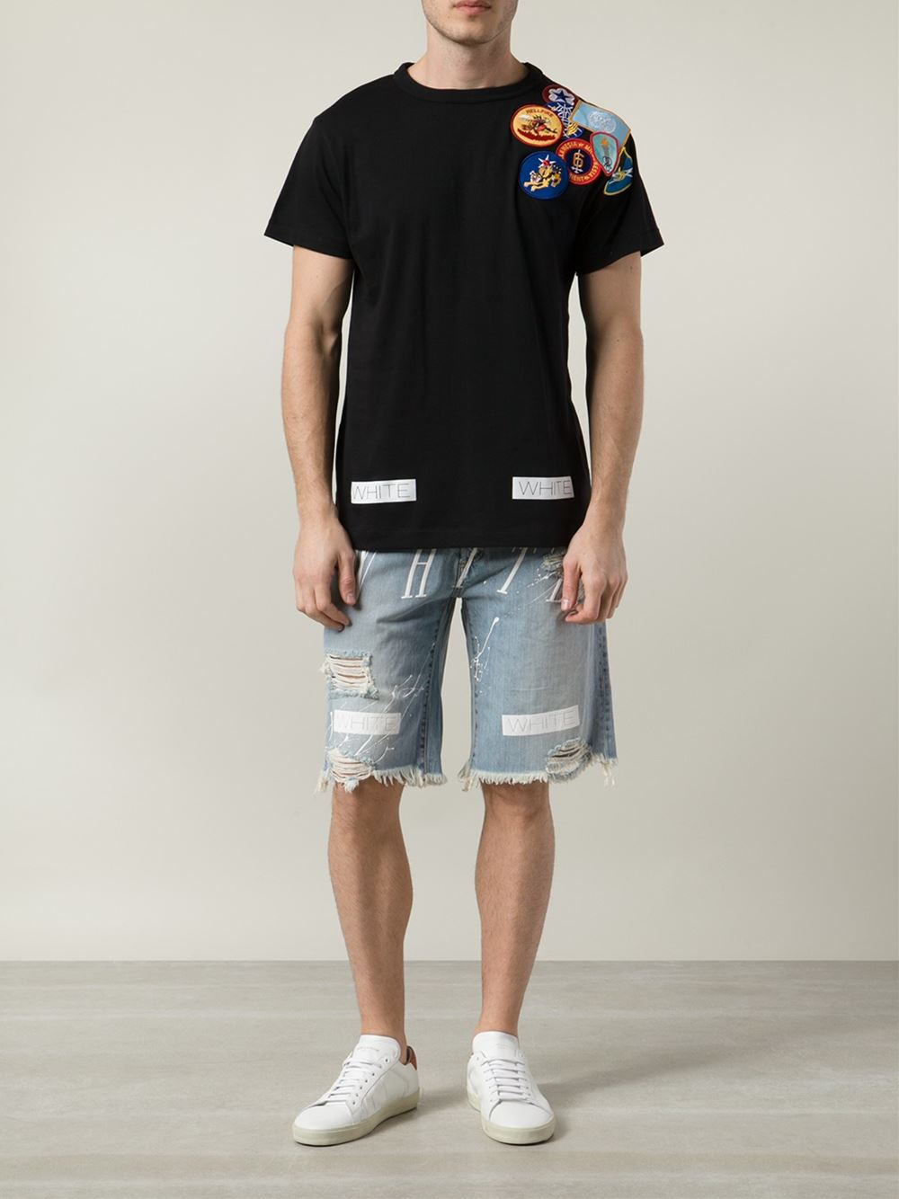 Off-White c/o Virgil Abloh Striped Distressed Denim Shorts in Blue for ...