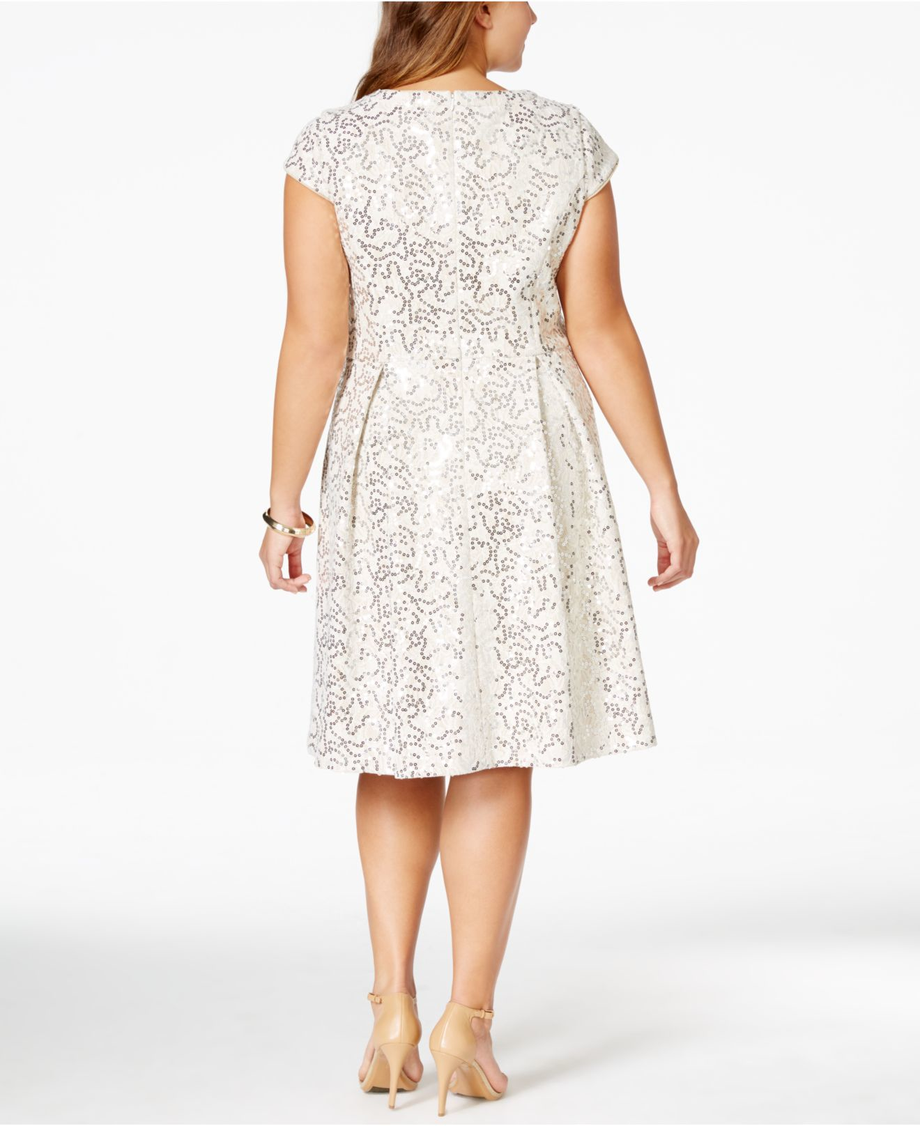Calvin Klein Synthetic Plus Size Sequined Flare Dress in Beige (White ...