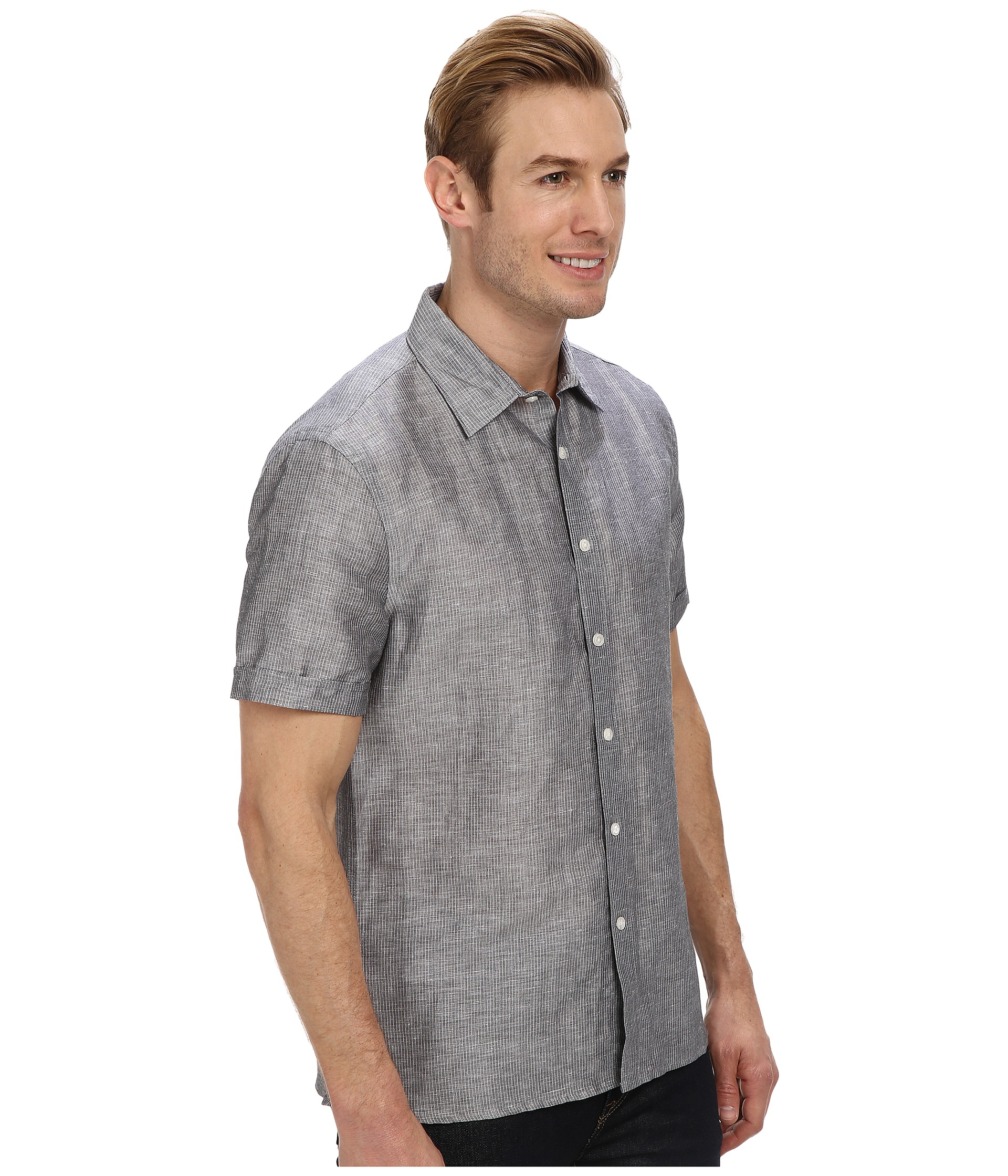Lyst - Perry Ellis Short Sleeve Linen Stripe Shirt in Gray for Men