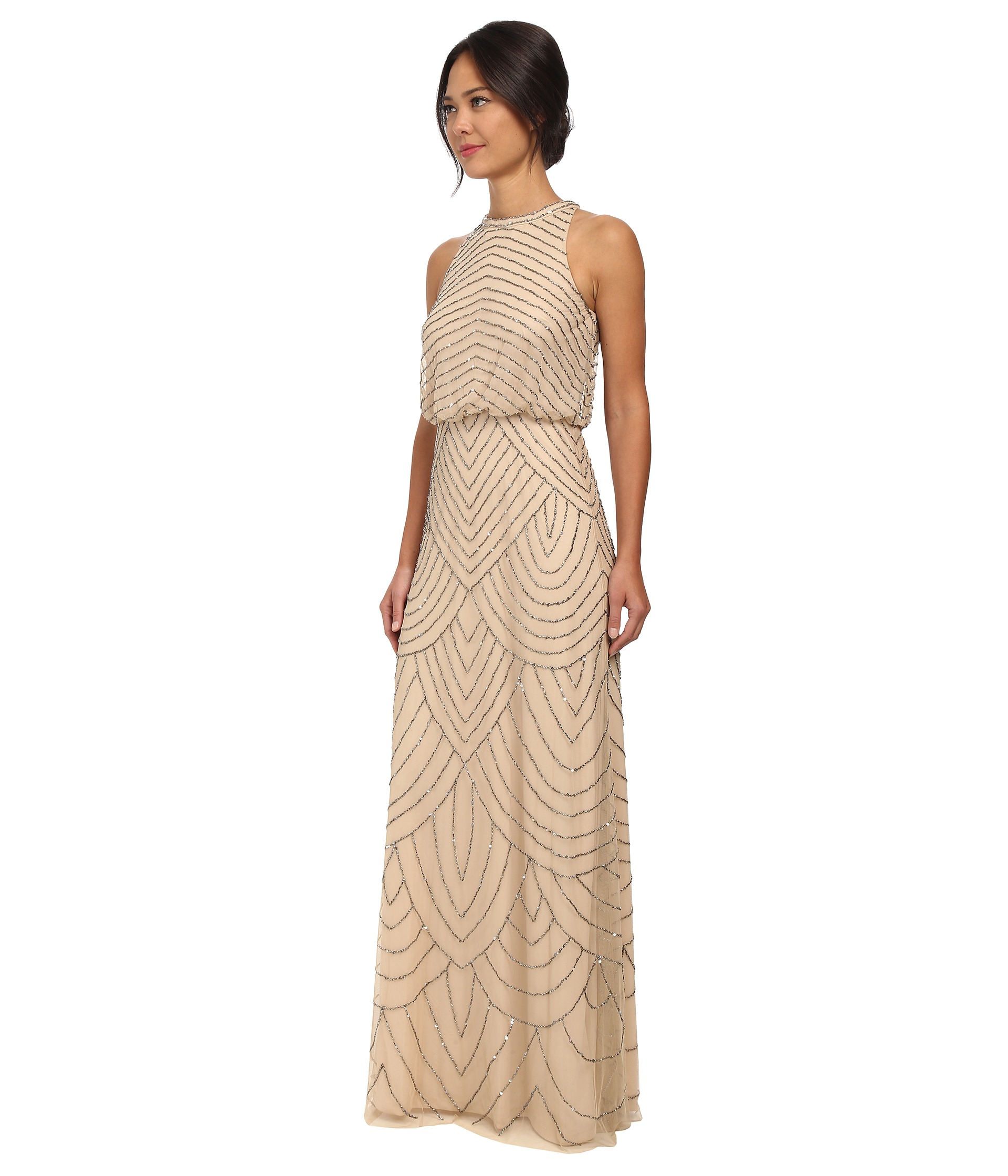 Adrianna Papell Beaded Halter Gown in Nude (Natural) | Lyst