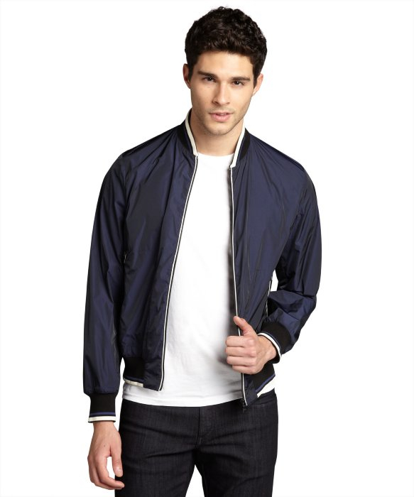 Lyst - Prada Navy and White Zip Front Knit Trimmed Bomber Jacket in ...