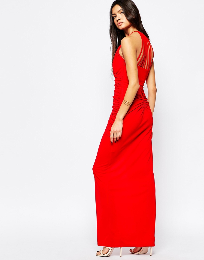 red ruched maxi dress