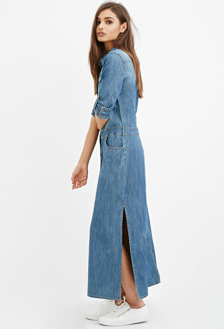 Lyst Forever 21 Denim  Maxi Shirt  Dress  in Blue 