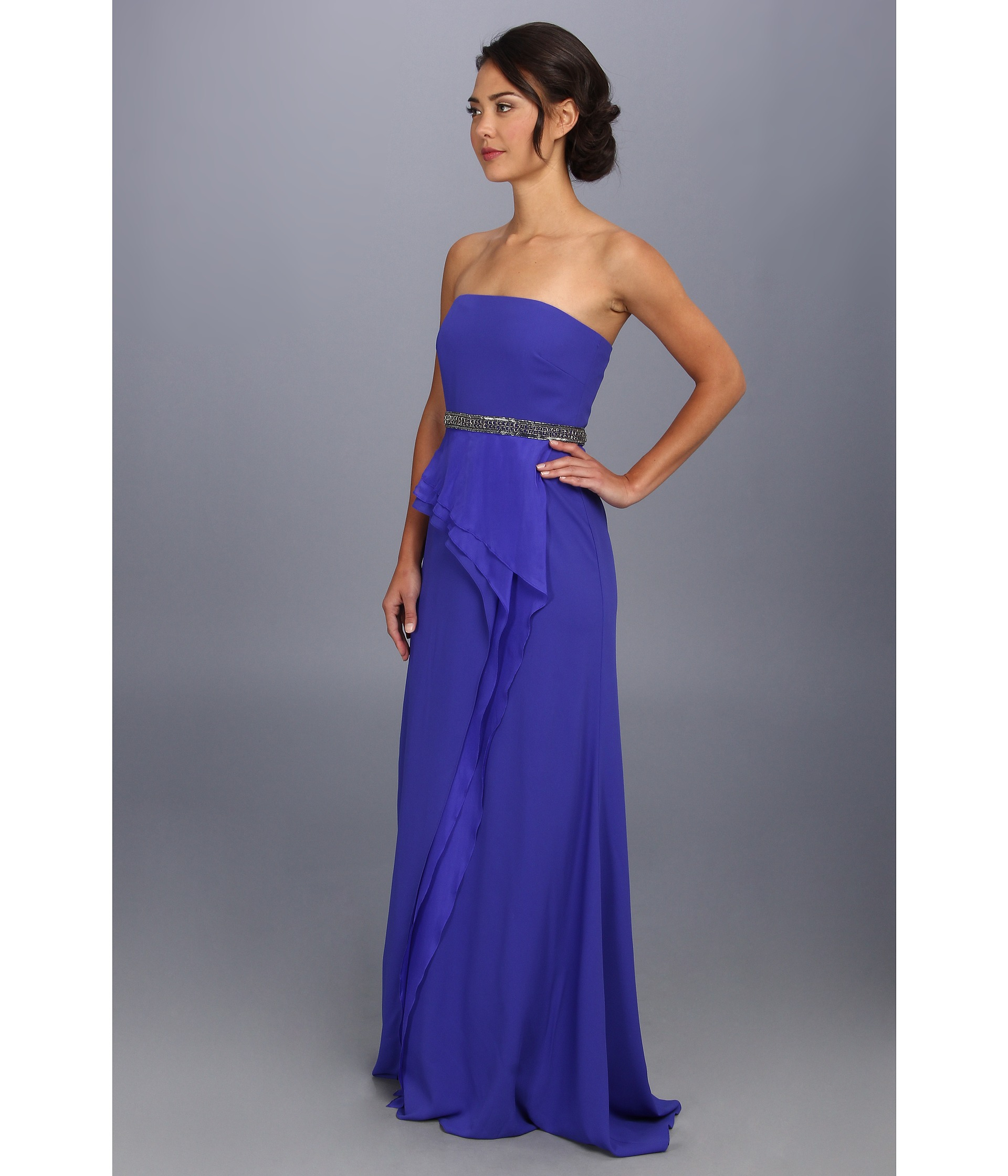 Badgley mischka Strapless Tiered Gown in Purple | Lyst