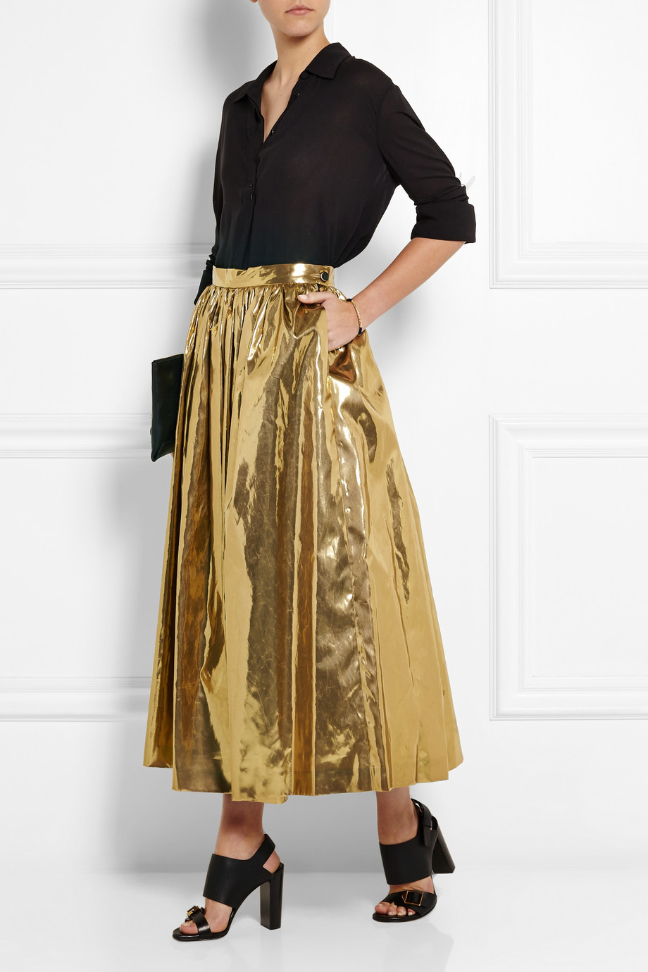 MSGM Pleated Lamé Midi Skirt in Gold (Metallic) - Lyst
