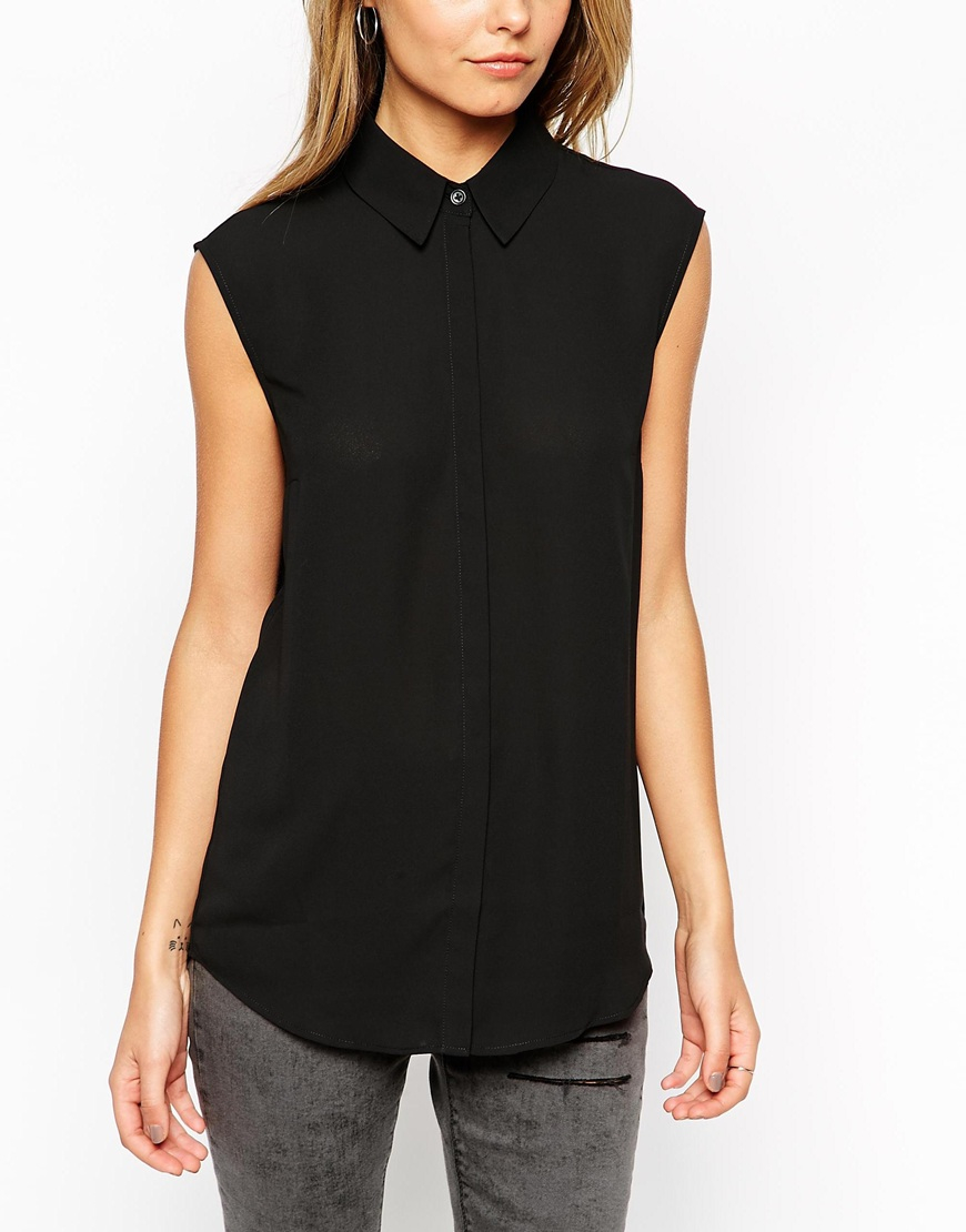 Ladies black sleeveless blouse with collar – Blouses – Womens ...