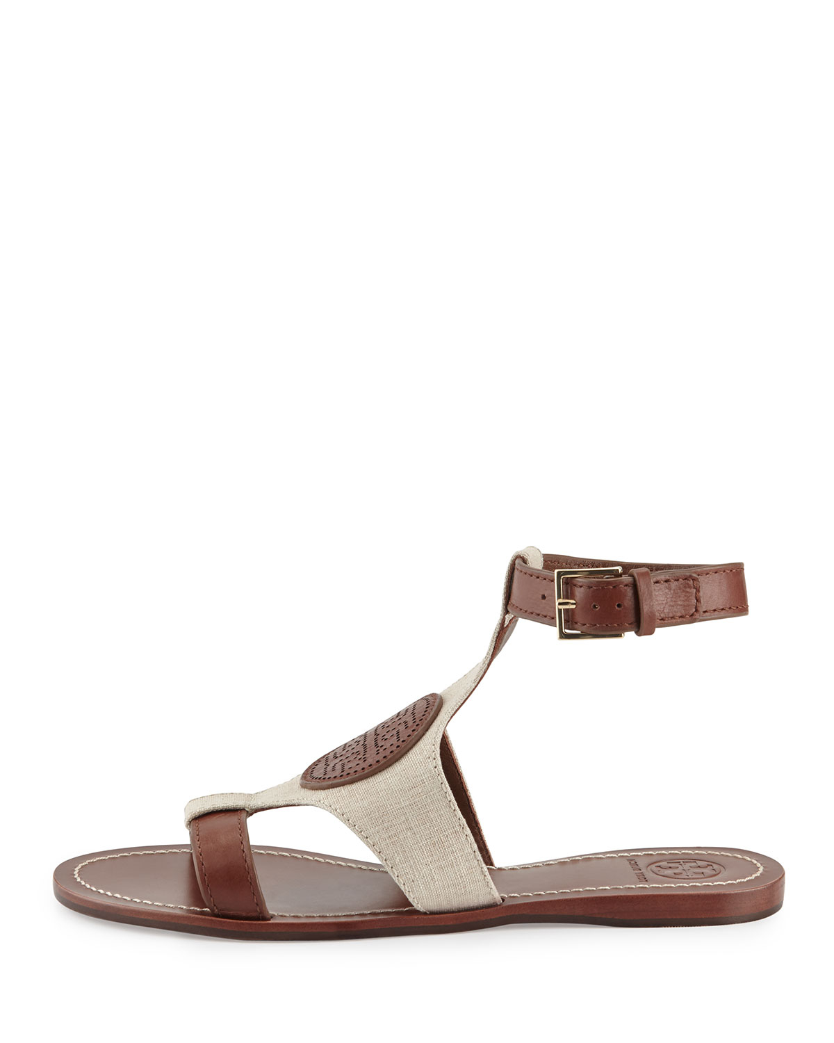 Tory burch Perforated Logo Flat Sandals in Natural | Lyst