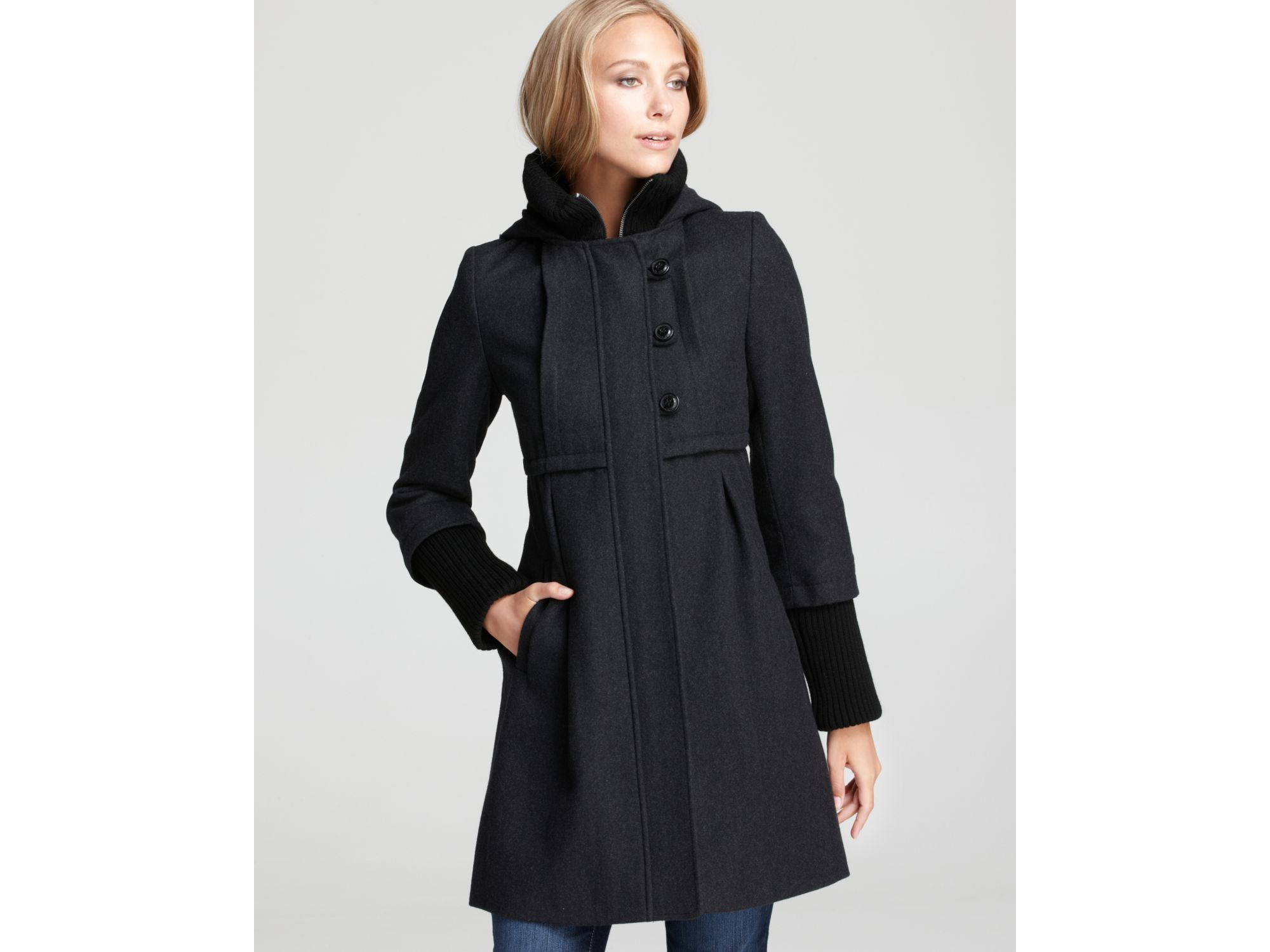 DKNY Babydoll Coat With Knit Collar & Cuffs in Charcoal (Gray) - Lyst
