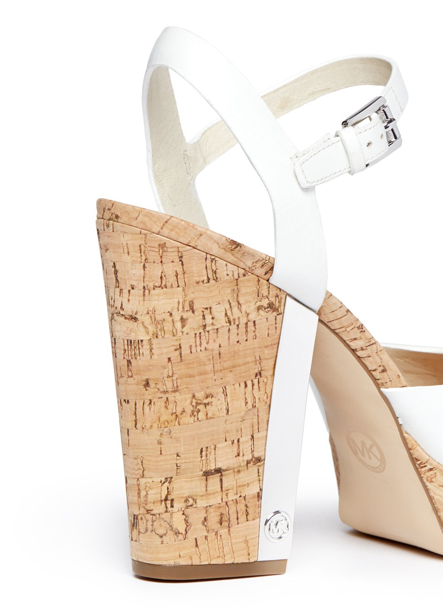Michael Kors London Cork Heel Leather Platform Sandals in White | Lyst