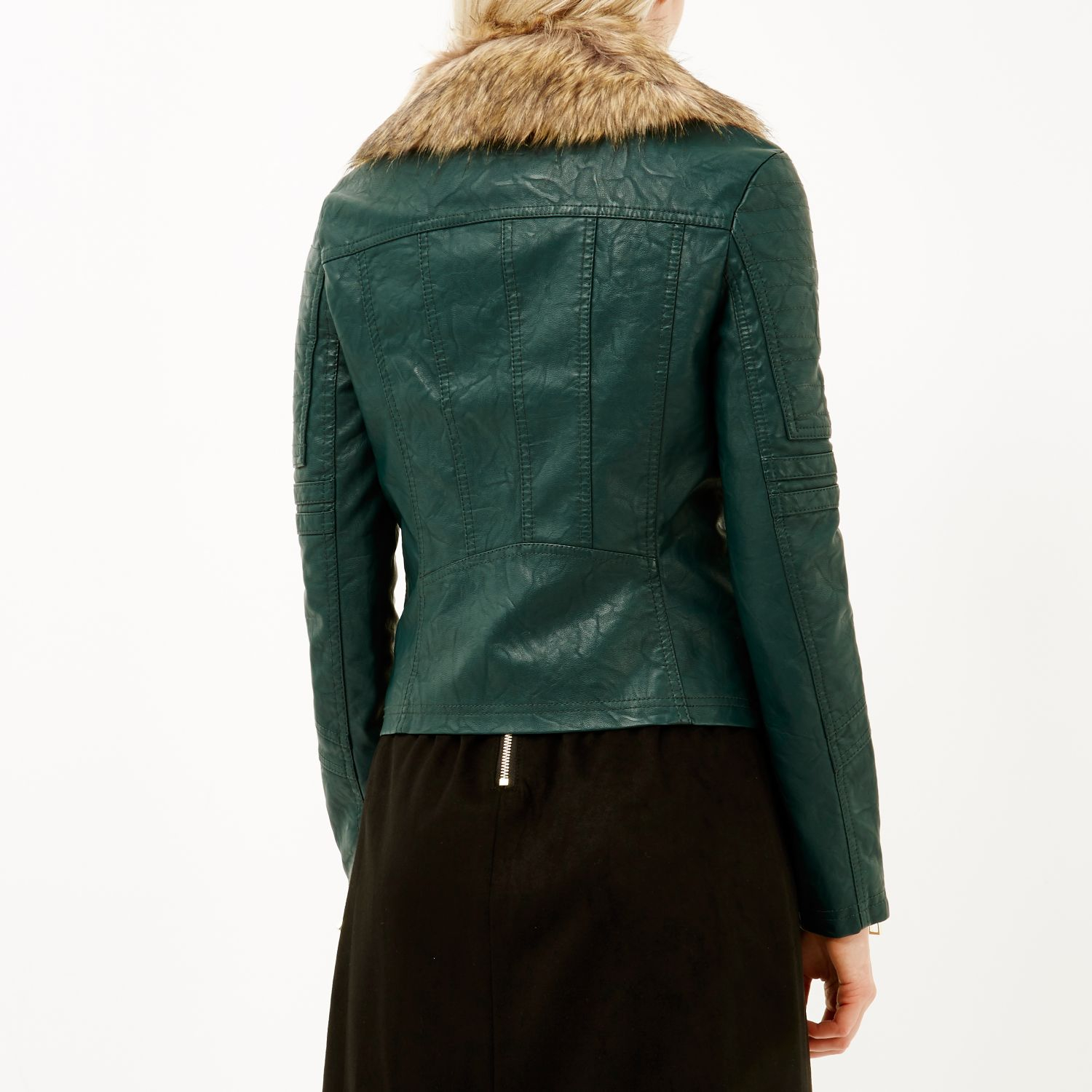 River Island Dark Green LeatherLook Faux Fur Biker Jacket Lyst
