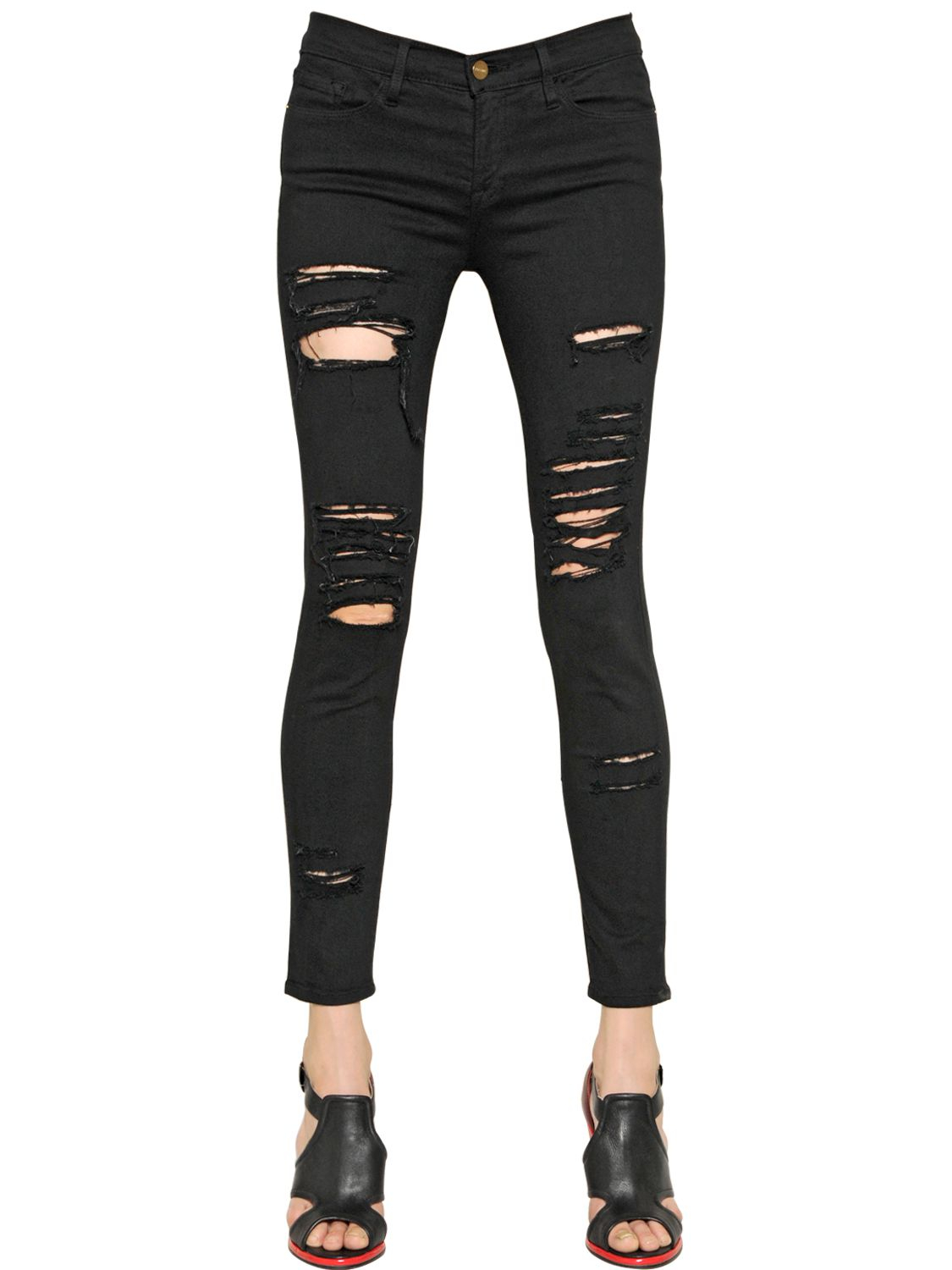 Frame Skinny Destroyed Stretch Denim Jeans in Black | Lyst