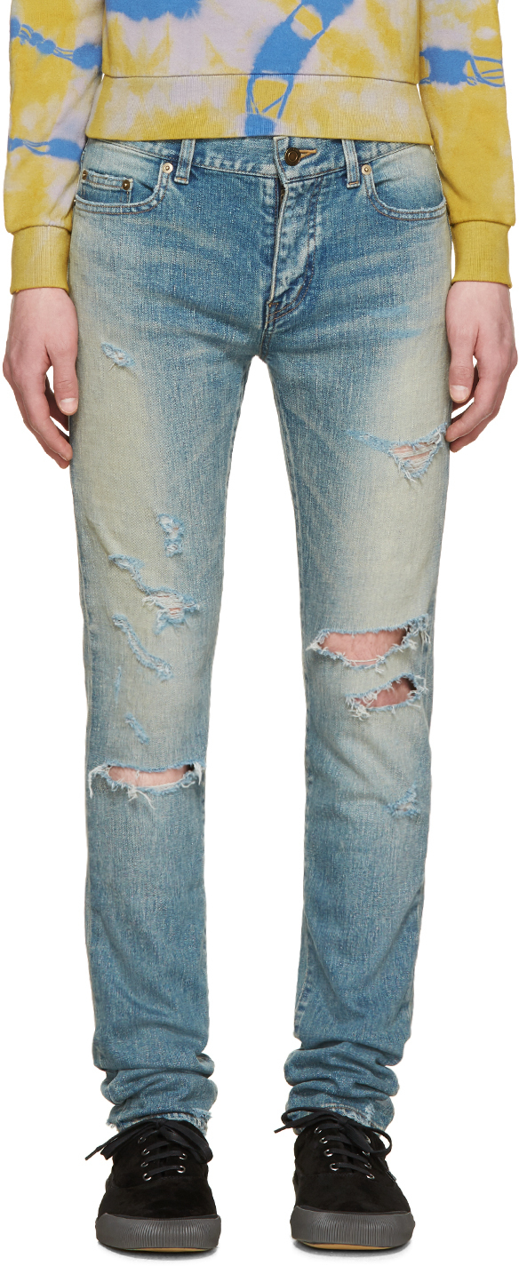 Saint Laurent Blue Skinny Destroyed Jeans for Men | Lyst