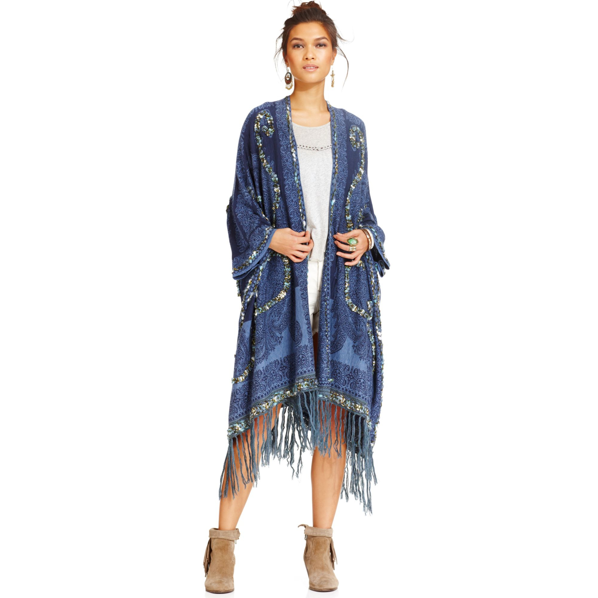 Lyst Free People Embroidered Fringe Cardigan in Blue