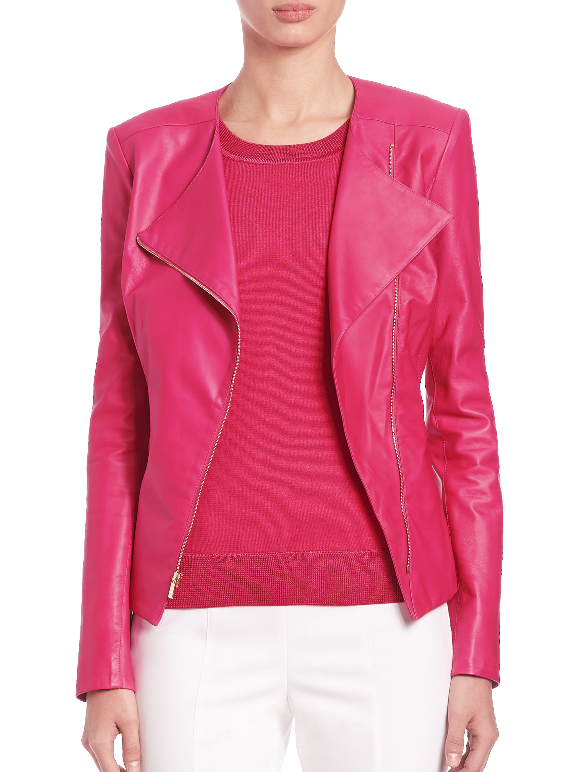 St John Pink Nappa Asymmetrical Zip Leather Jacket
