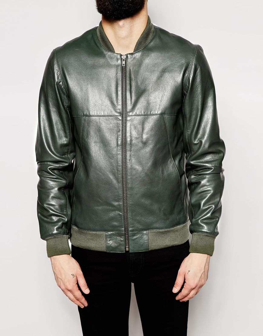Asos Leather Bomber Jacket In Green For Men Lyst