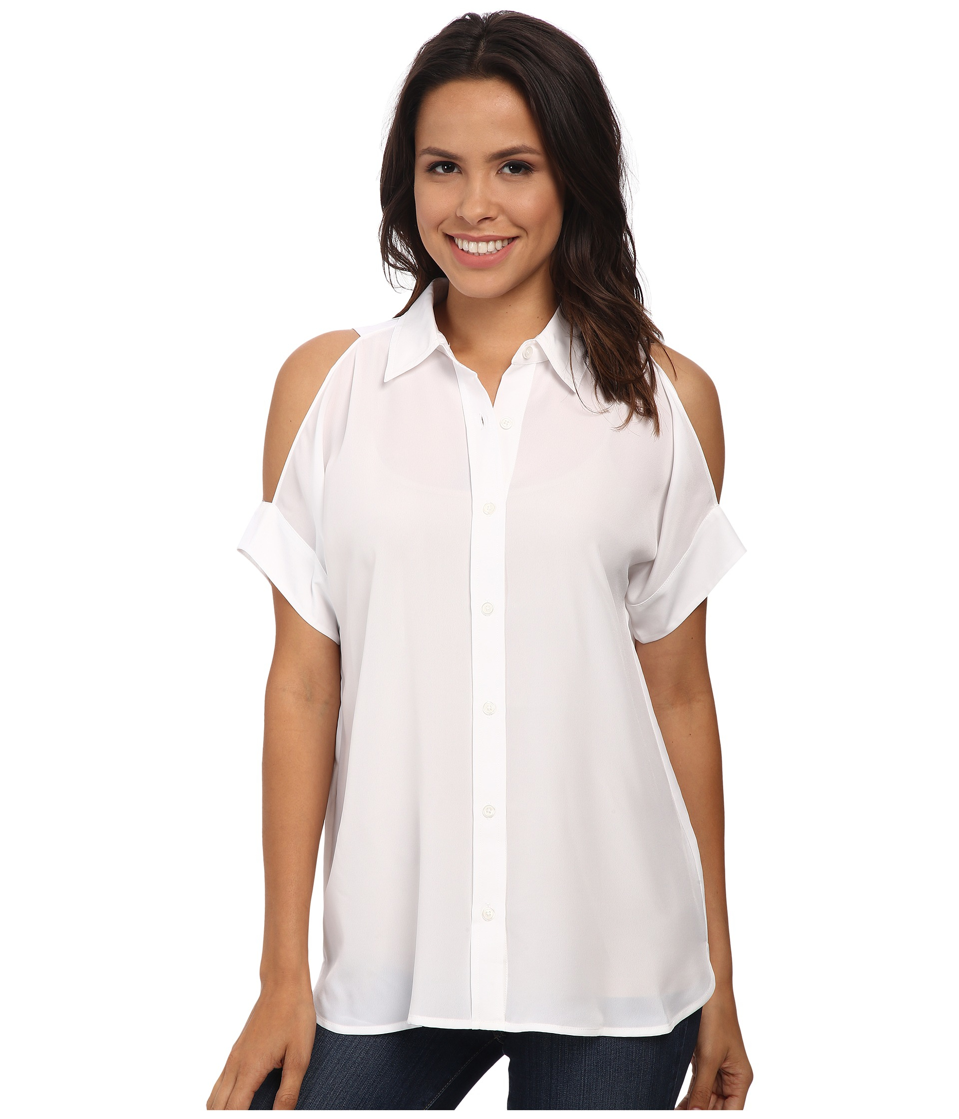 MICHAEL Michael Kors Cold Shoulder Button Down Top in White | Lyst
