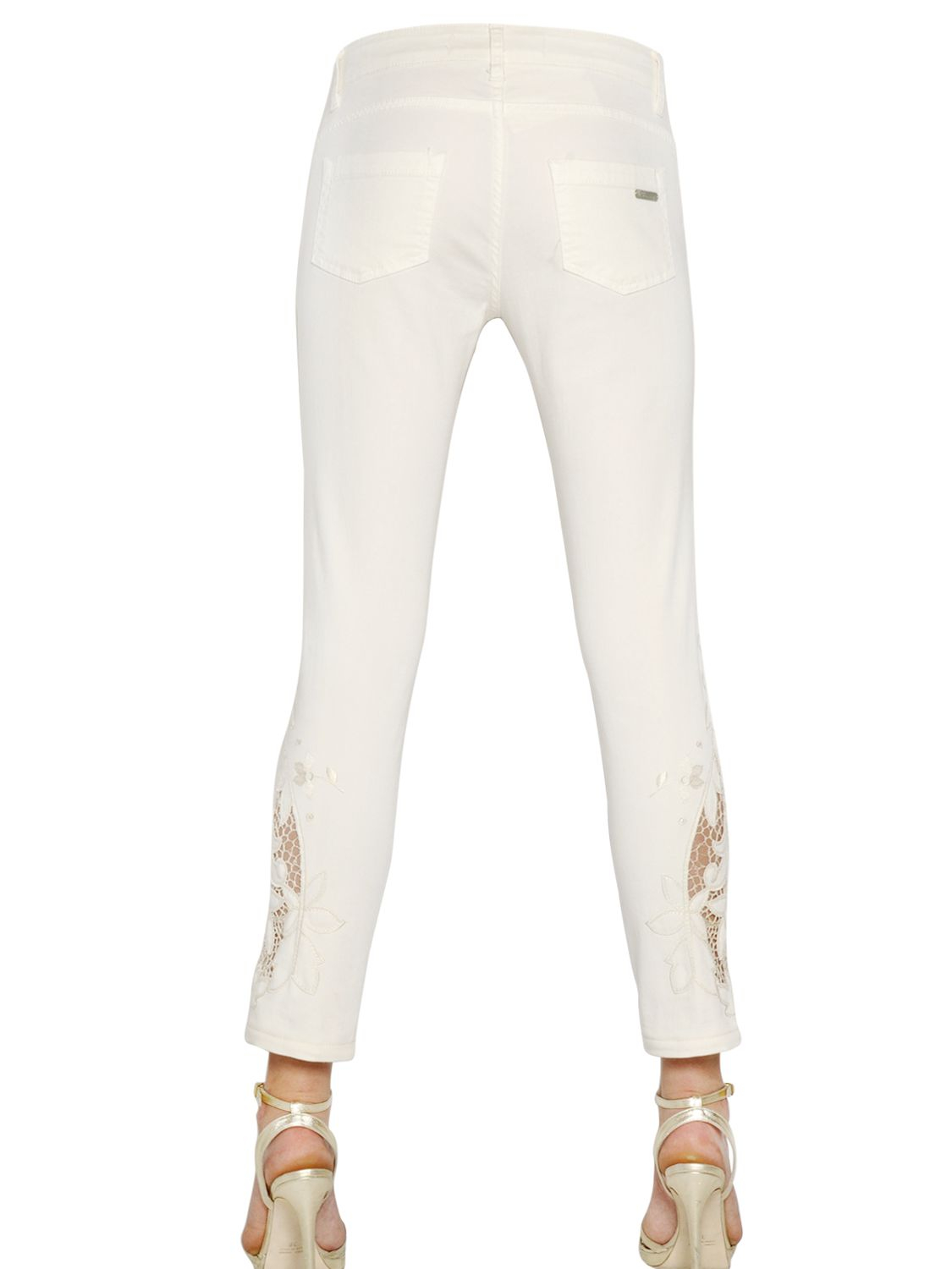 Blumarine Lace Insert Cotton Denim Jeans in Ivory (White) - Lyst