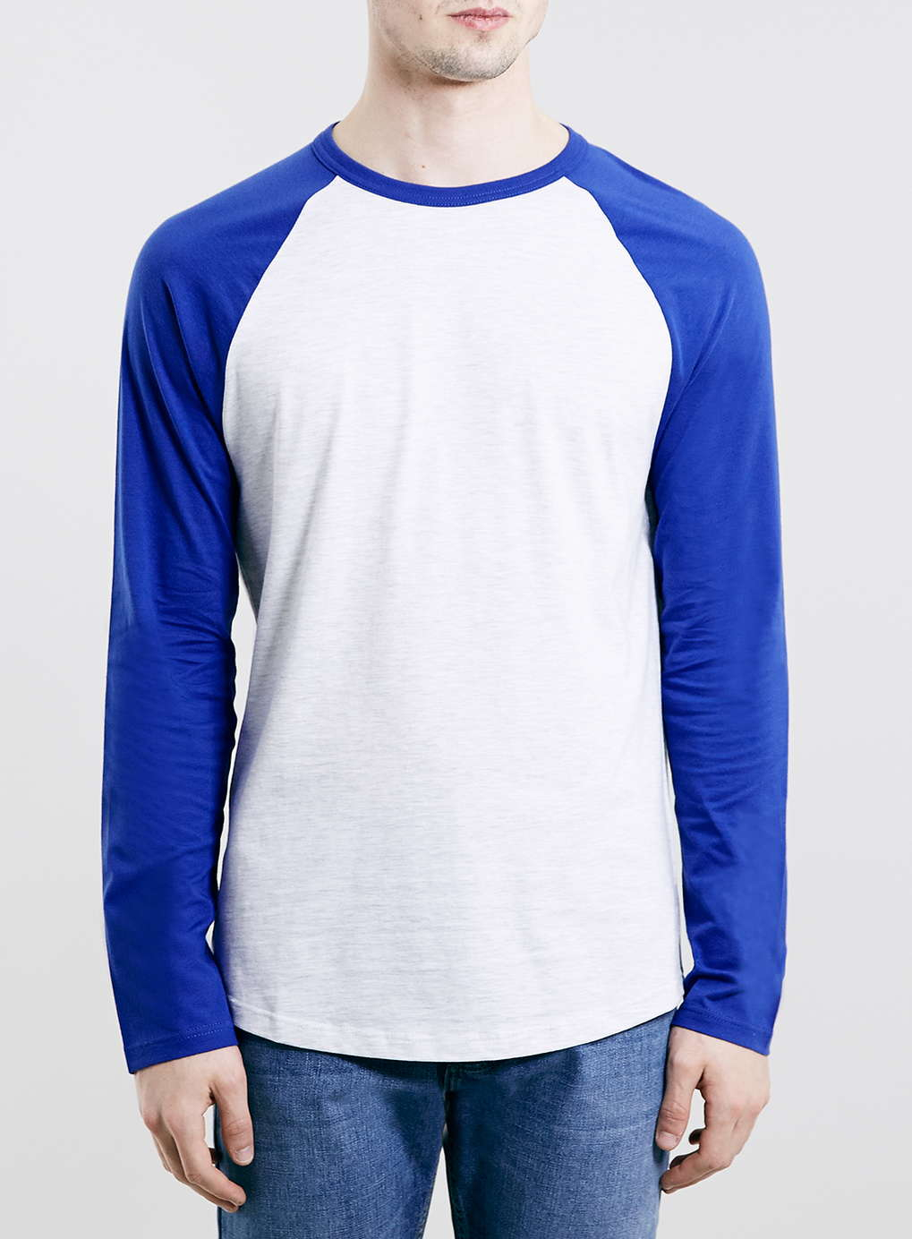 white t shirt with blue sleeves