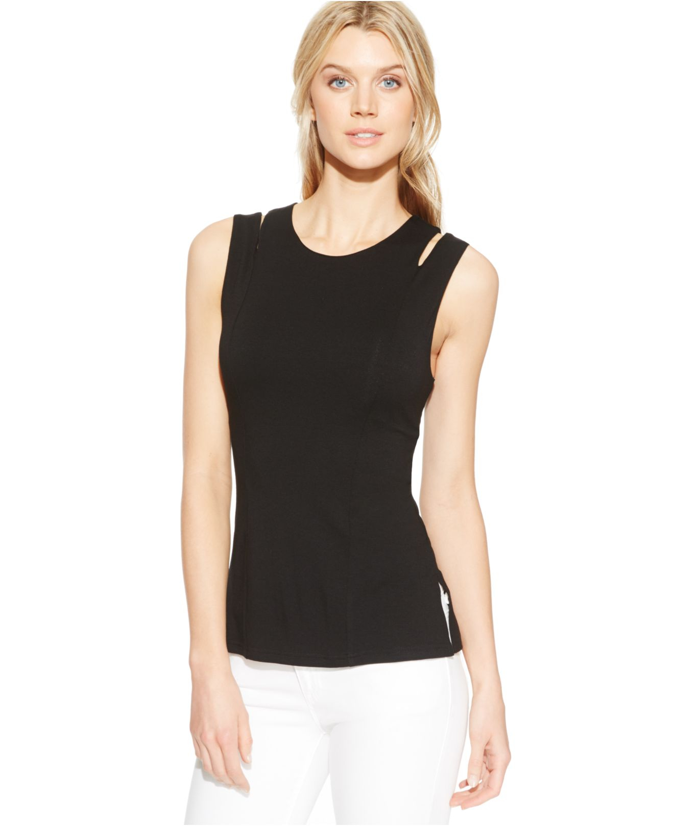 Vince camuto Sleeveless Cutout Knit Top in Black | Lyst