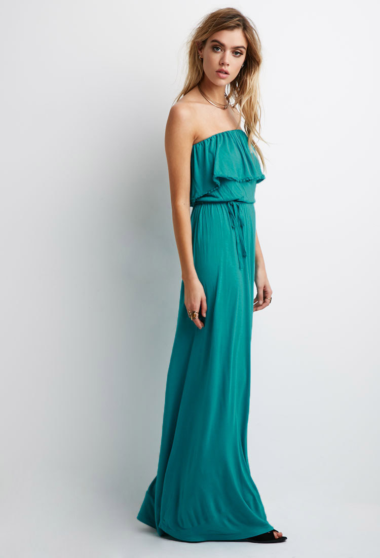 Lyst - Forever 21 Strapless Flounce Maxi Dress in Blue