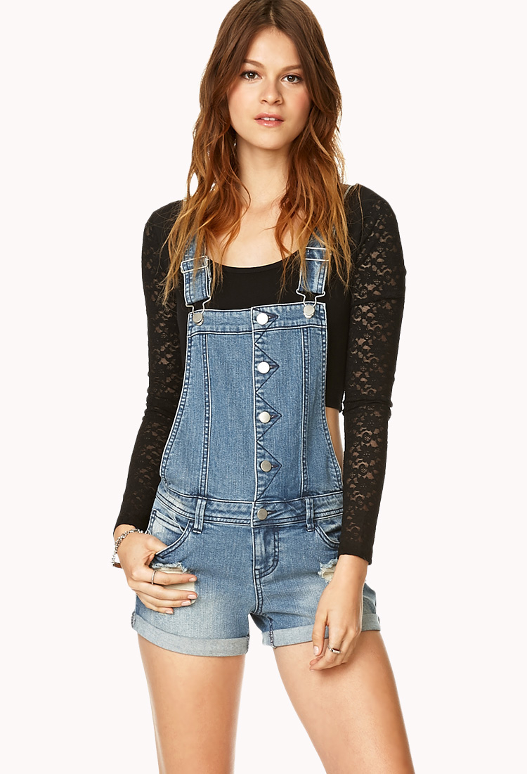 Forever 21 Distressed Overall Shorts in Denim (Blue) - Lyst