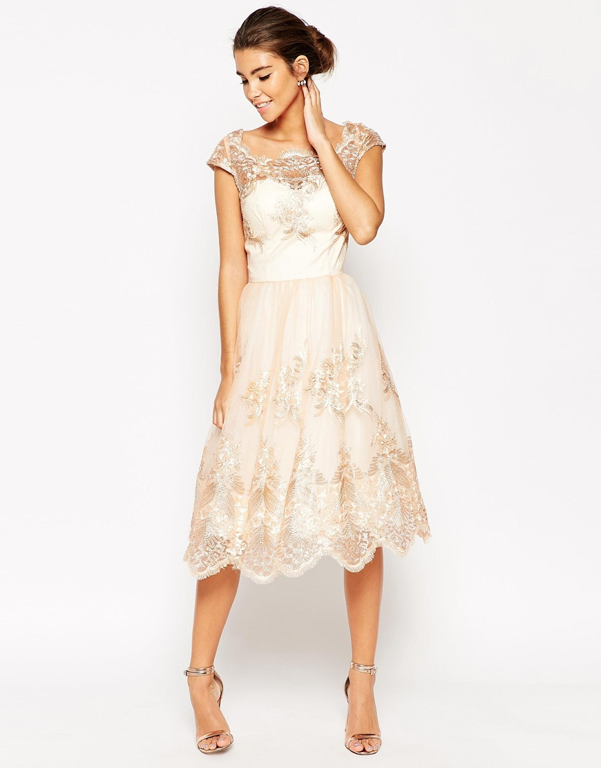 chi chi london premium lace midi prom dress with bardot neck