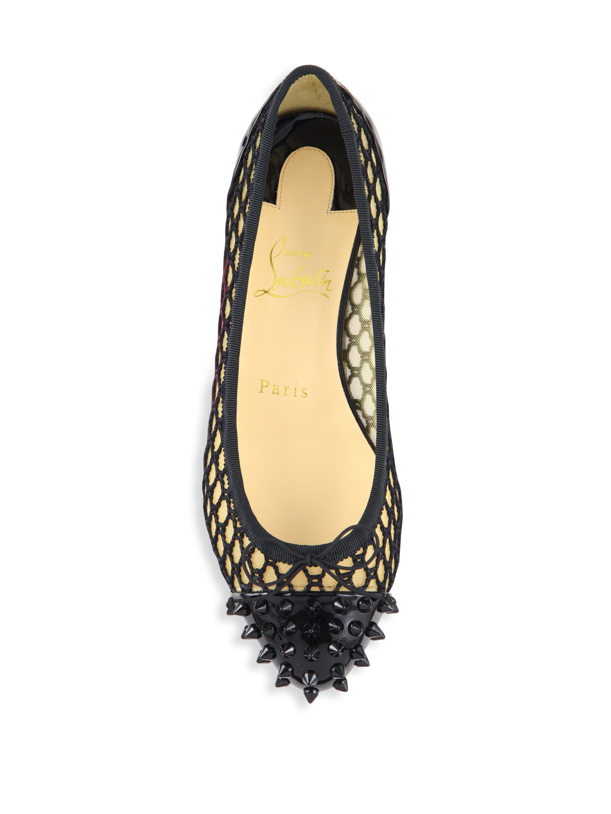 Christian louboutin Mix Patent Spiked Knotted Mesh Flats in Black ...
