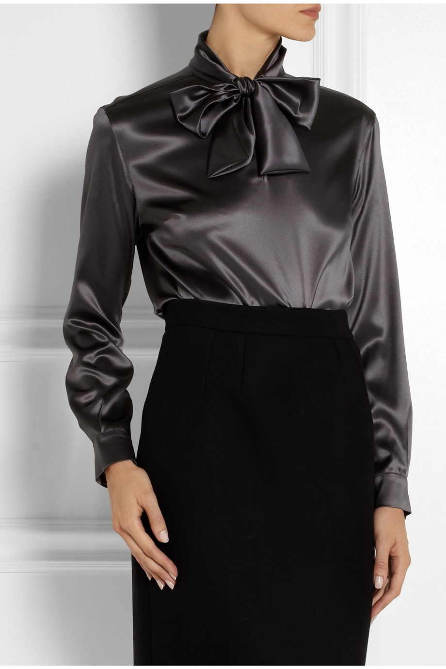 Dolce & Gabbana Pussy-Bow Stretch-Silk Satin Blouse in Gray - Lyst