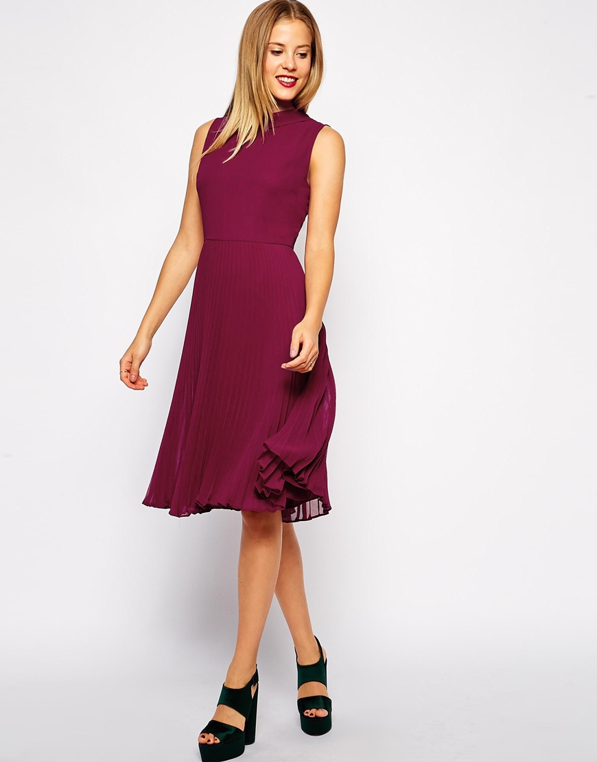 Lyst - Asos Midi Dress With Pleated Skirt And High Neck in Purple