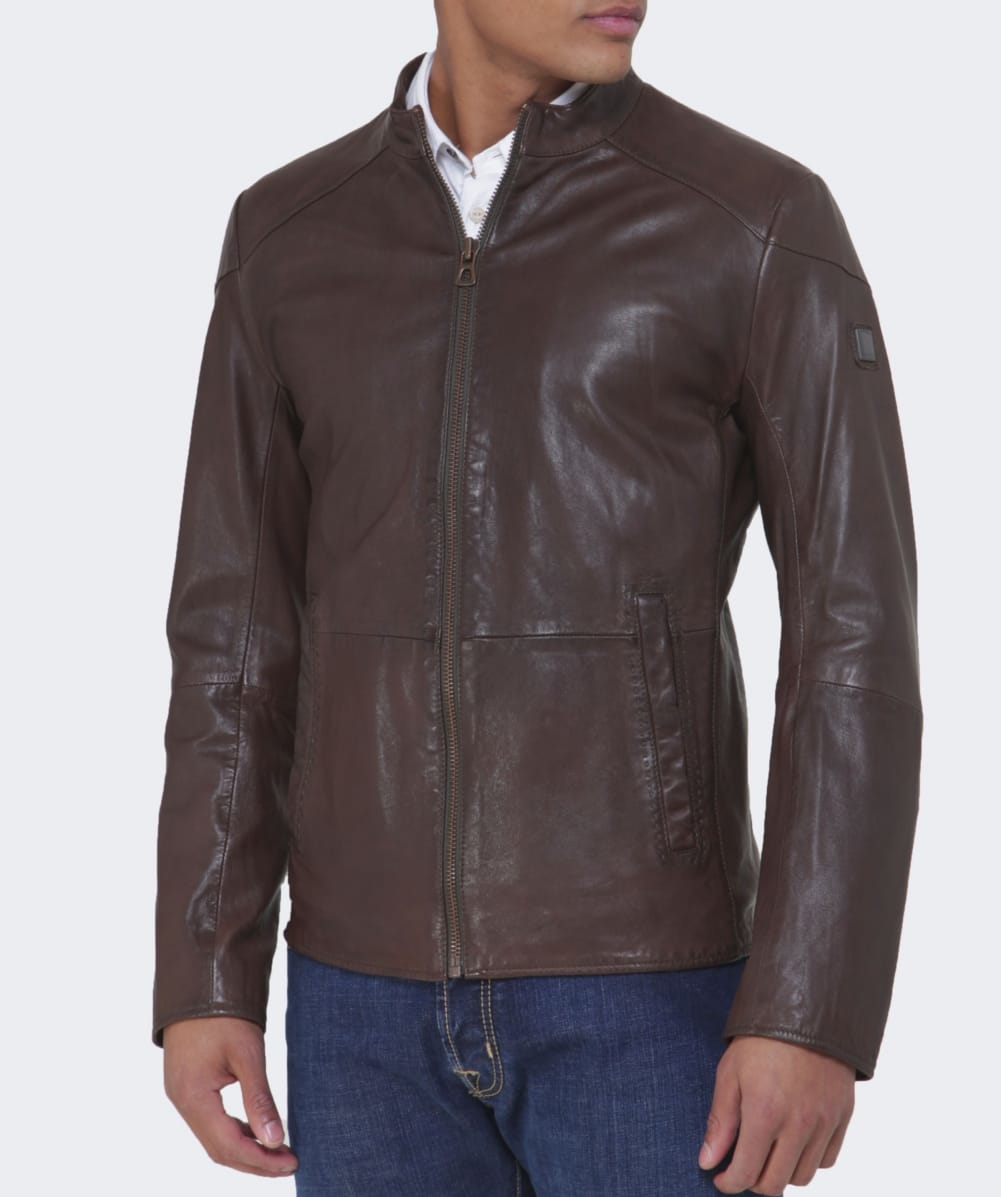 BOSS Orange Jermon Leather Jacket in Mid Brown (Brown) for Men - Lyst