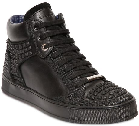 John Richmond Studded Leather High Top Sneakers in Black | Lyst