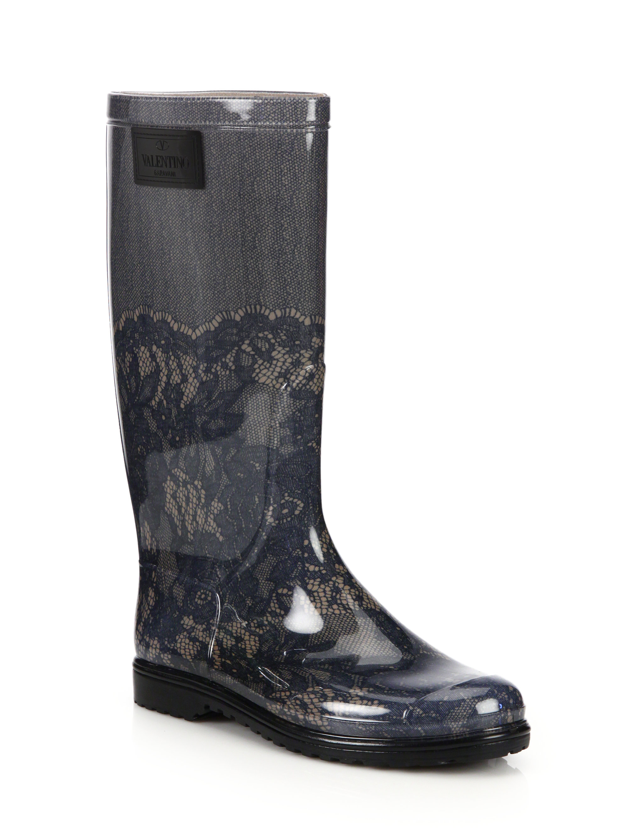 Lyst - Valentino Lace-Print Rubber Rainboots in Blue