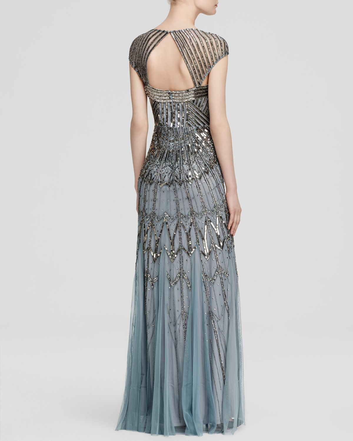 Adrianna Papell Gown - Square Neck Cap Sleeve Open Back Beaded in Gray |  Lyst