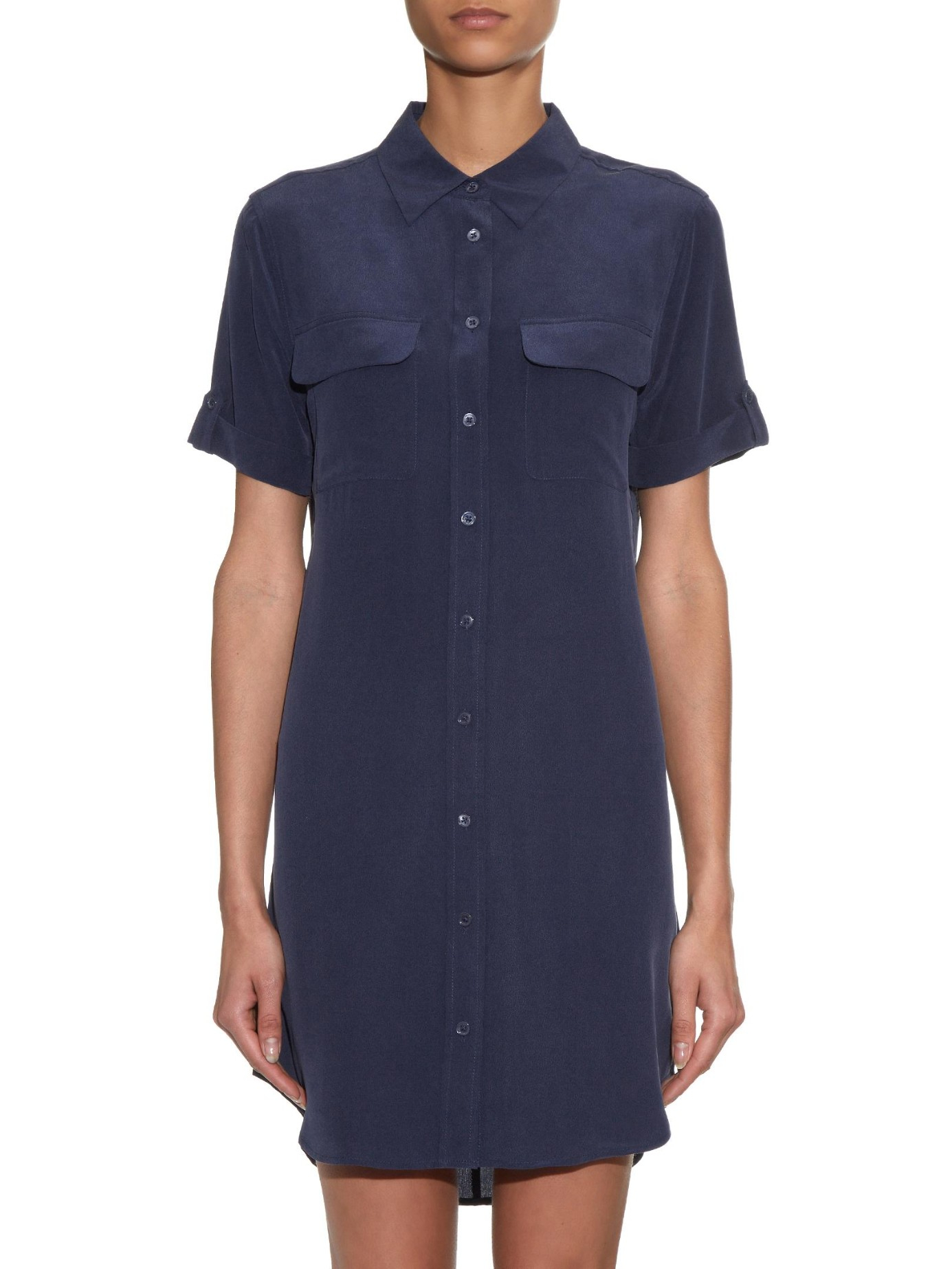 navy blue silk shirt dress