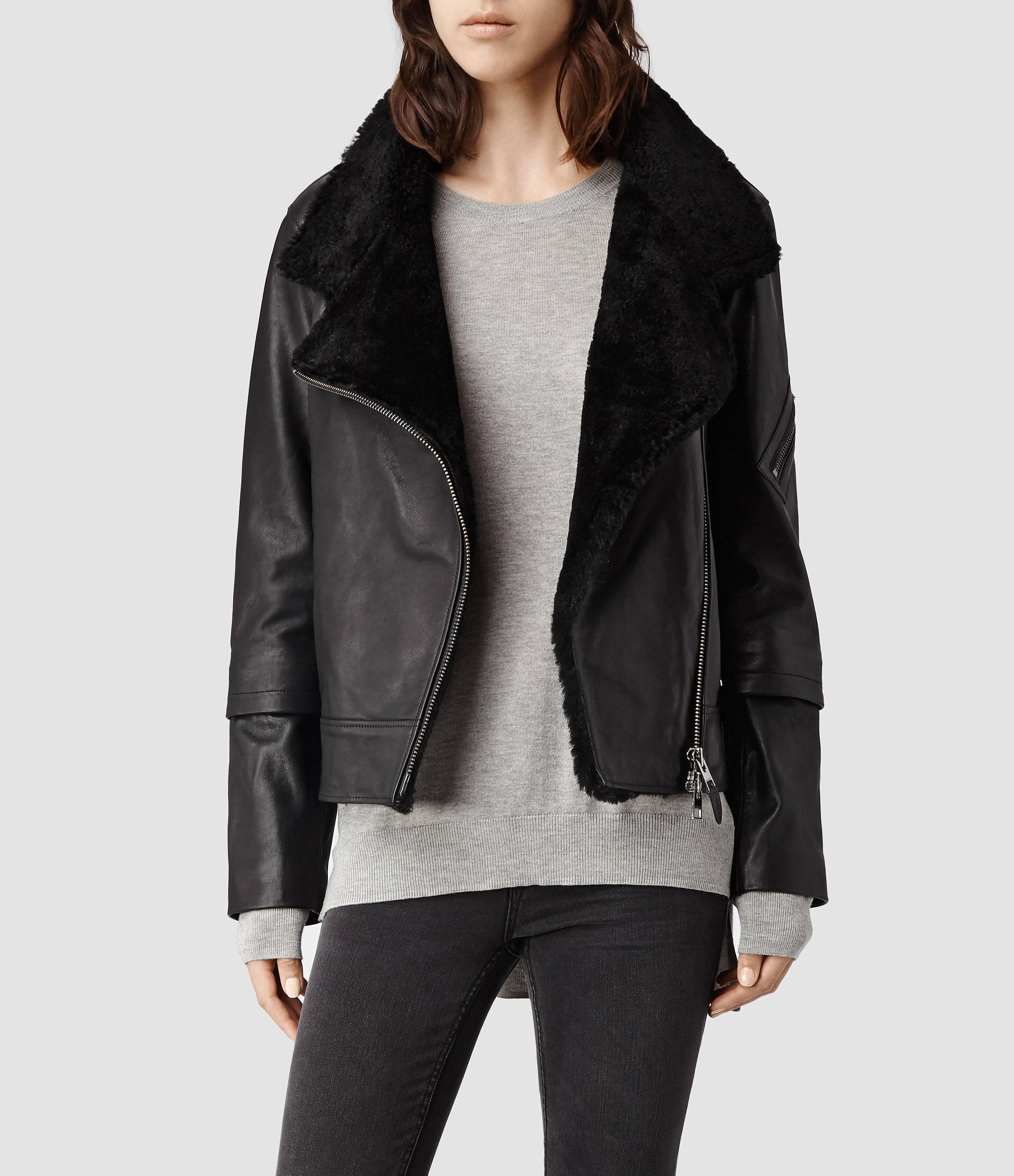 AllSaints Bayes Shearling Leather Jacket in Black - Lyst