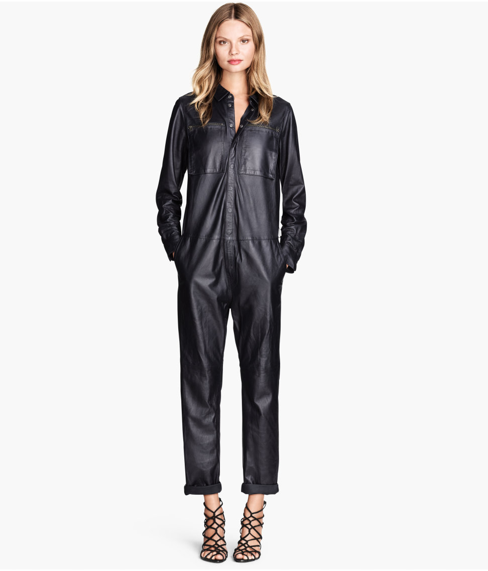 blue leather jumpsuit
