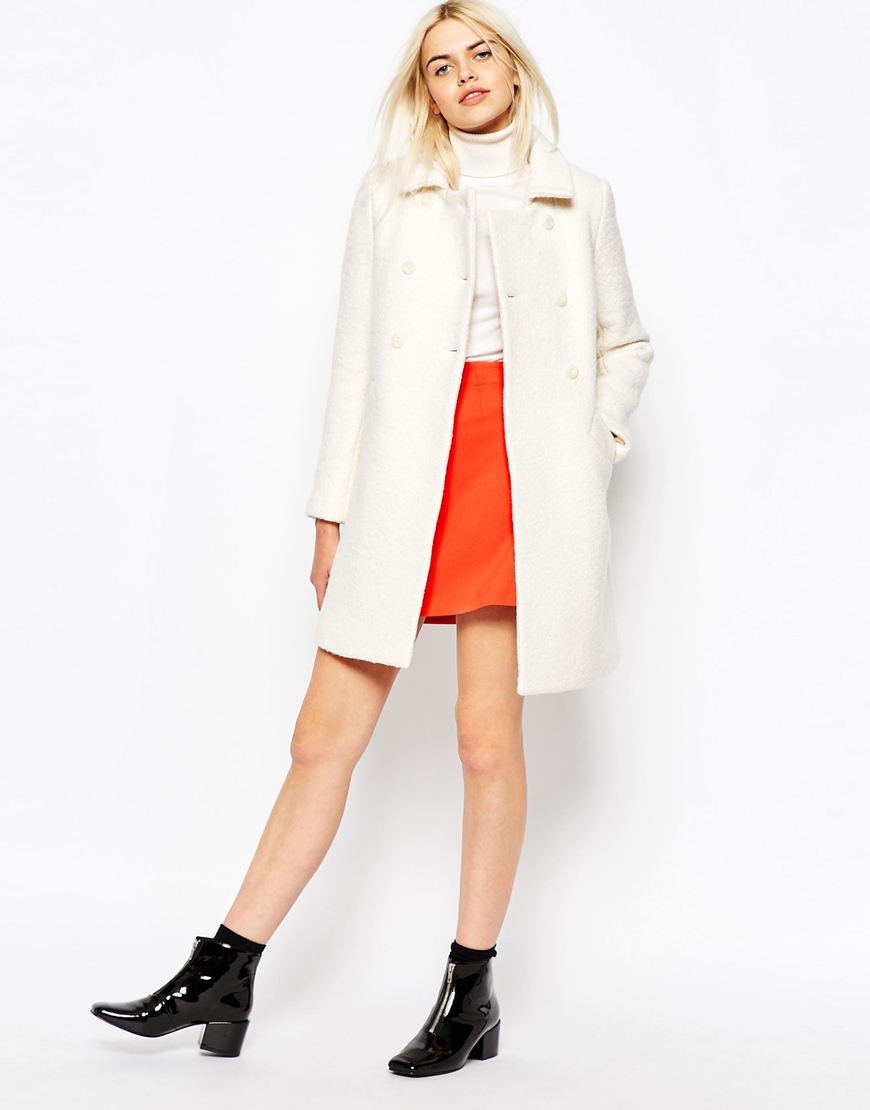 Monki Wool Double Breasted Coat 60's Coat in White (Natural) - Lyst