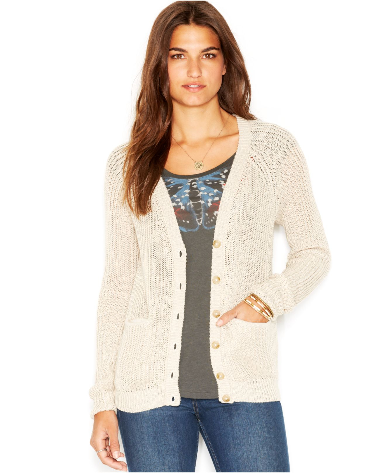 Lucky brand Lucky Brand LongSleeve Knit Cardigan in Natural Lyst