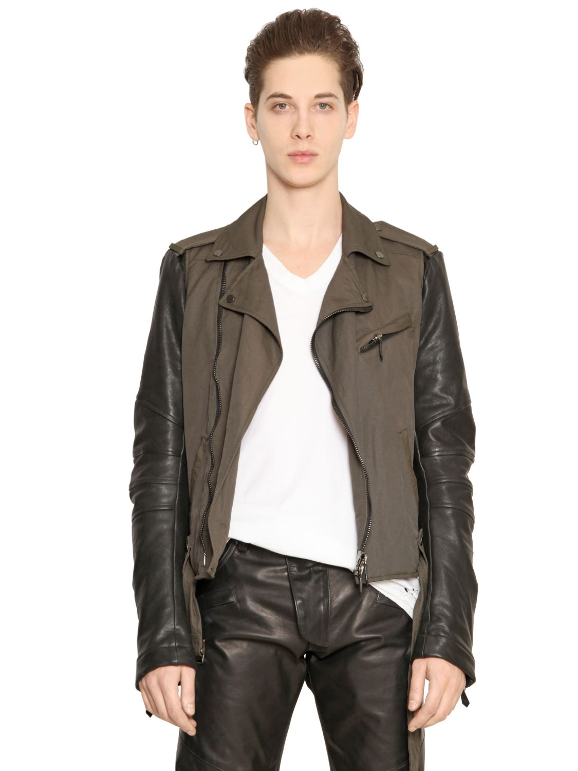 Balmain Cotton Canvas & Leather Biker Jacket in Military Green (Natural)  for Men - Lyst