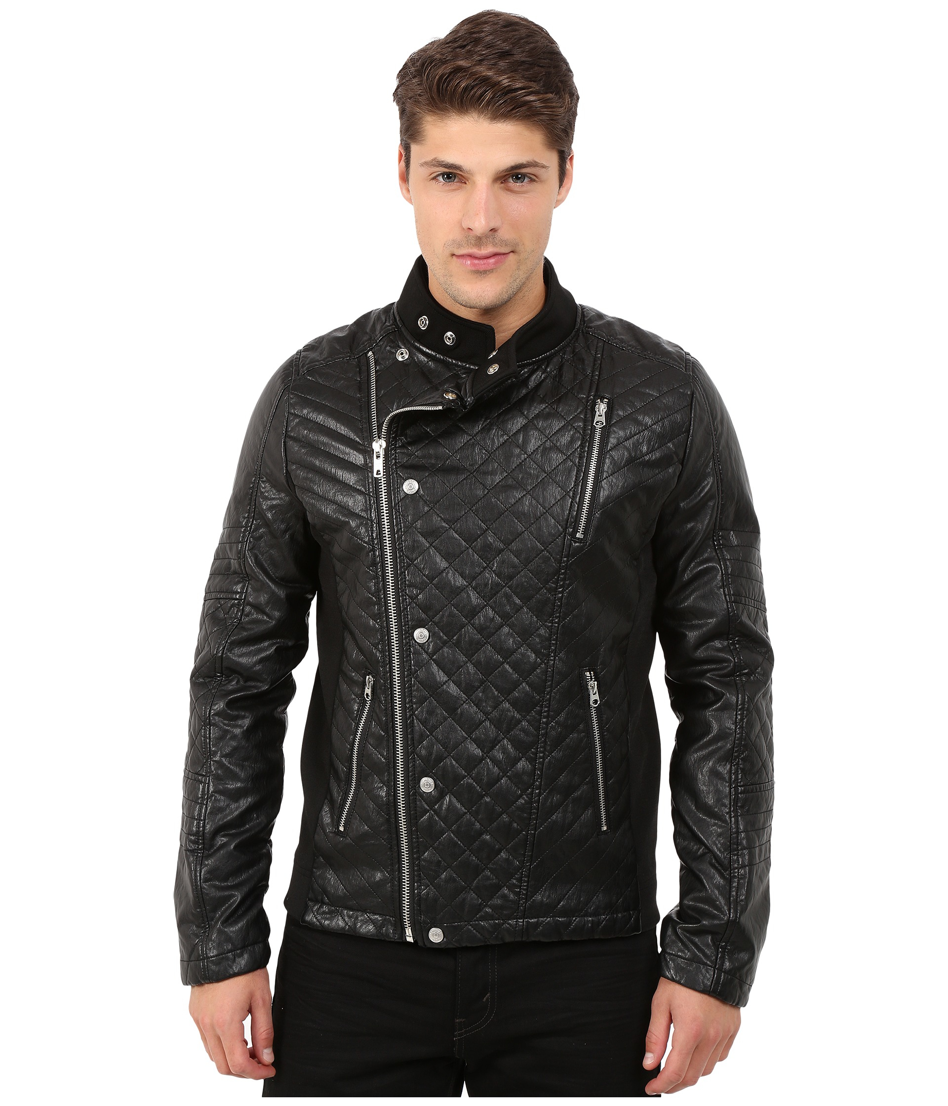 Members Only Faux Leather Quilted Motocross Jacket In Black For Gallery