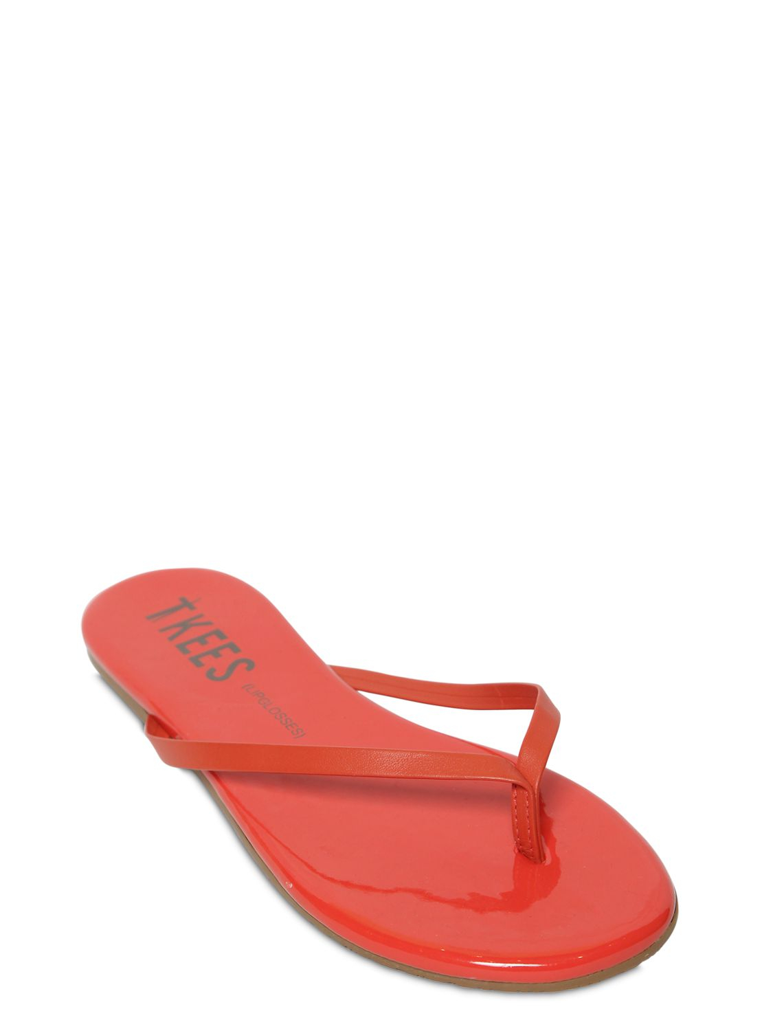 red patent leather flip flops