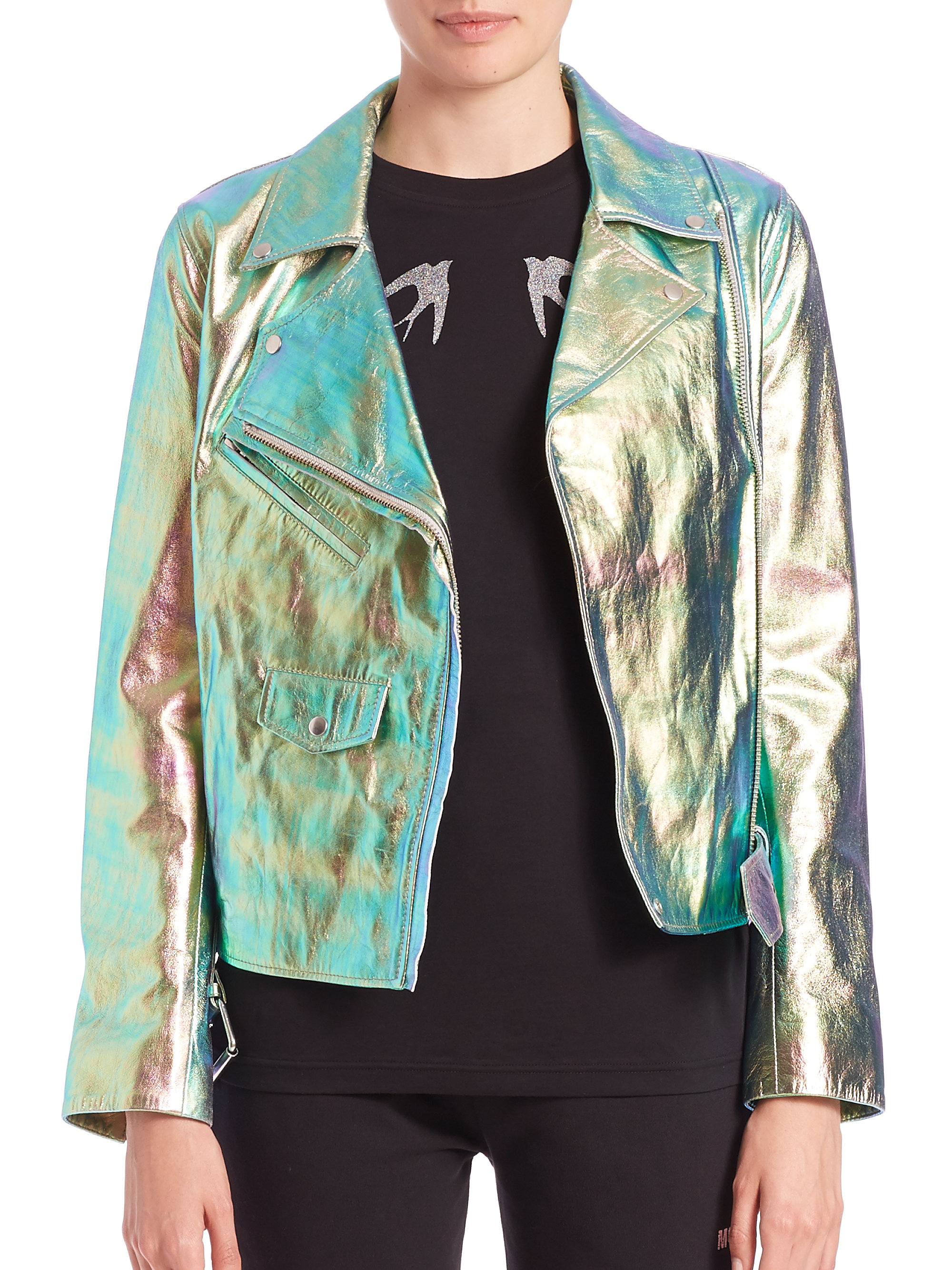 Lyst Mcq Metallic Foil Leather Biker Jacket in Metallic