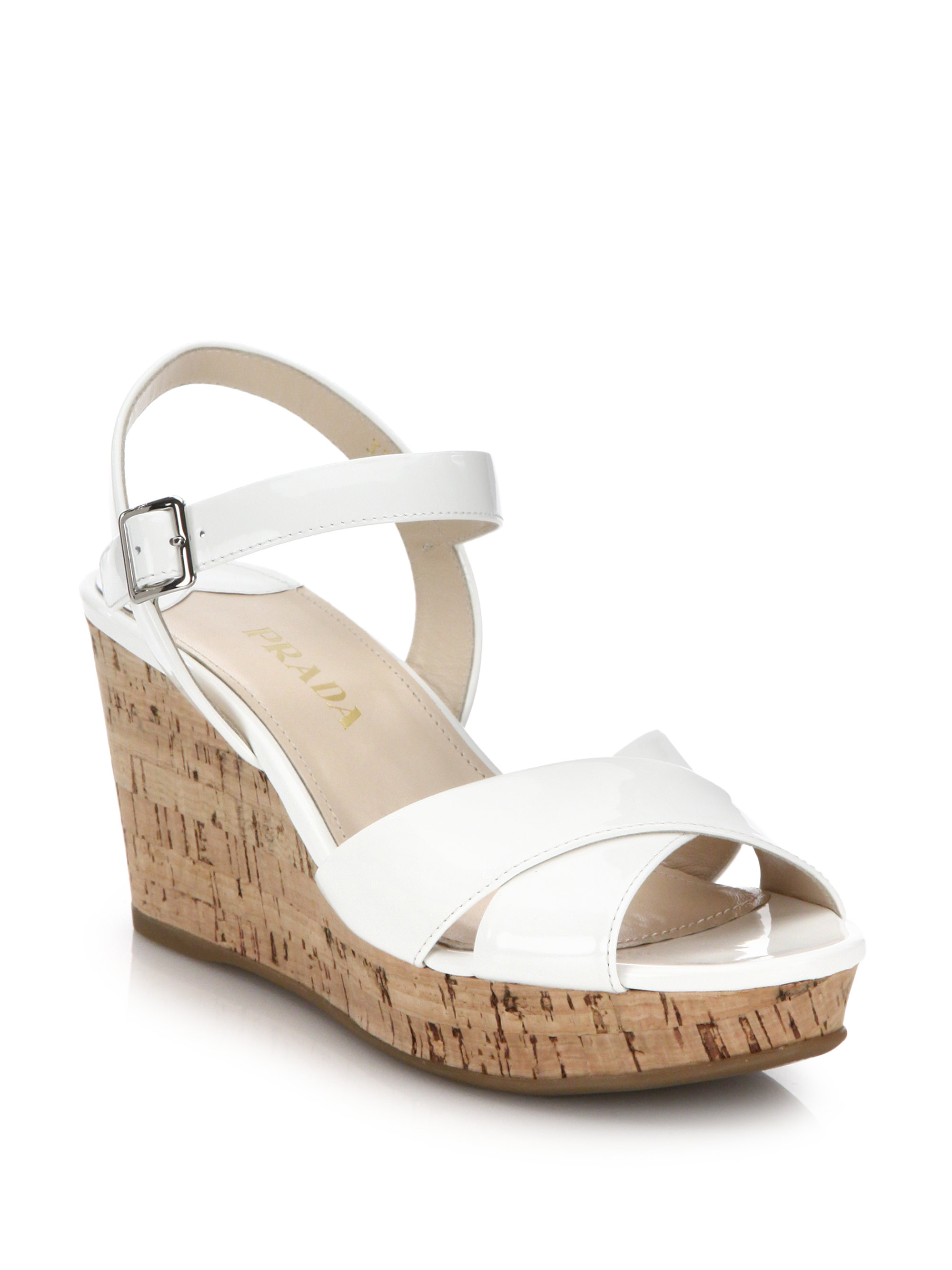 Prada Cork-wedge Patent Leather Sandals in White | Lyst