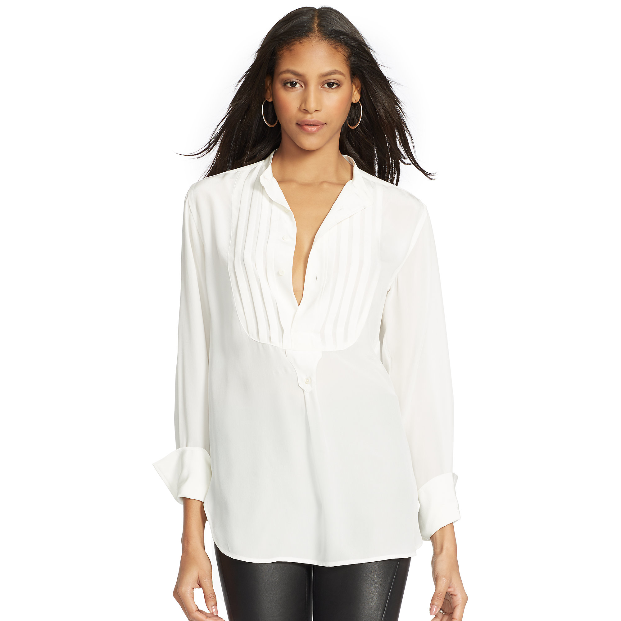 Polo Ralph Lauren Silk Pleated-bib Shirt in Cream (Gray) | Lyst